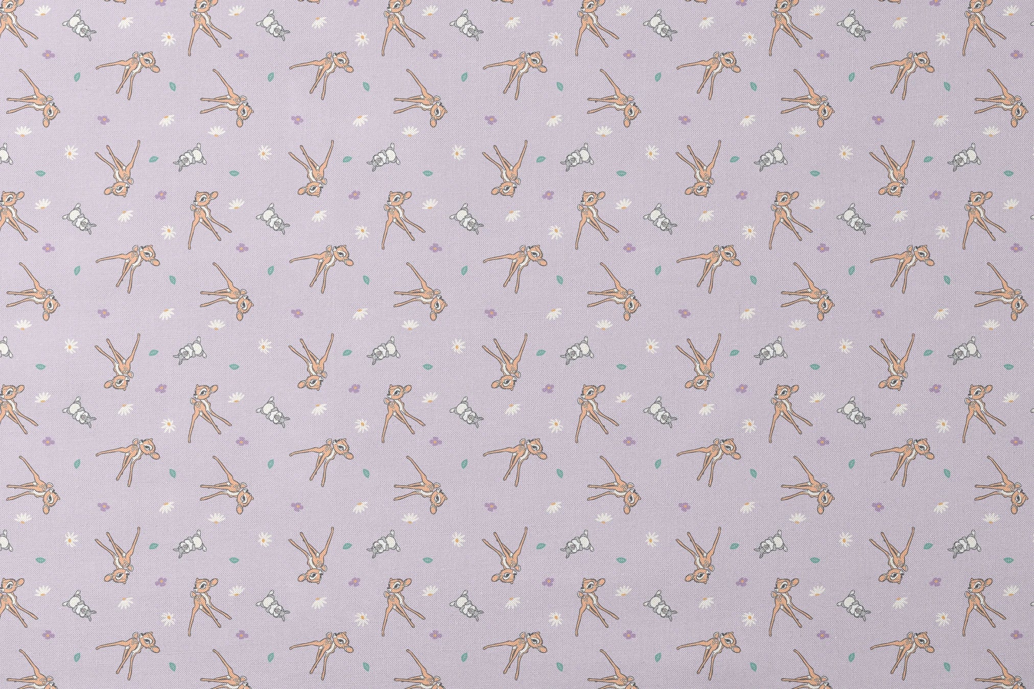 Seamless pattern of cartoon deer and bunnies with daisies and small flowers on lavender background designs flat mockup
