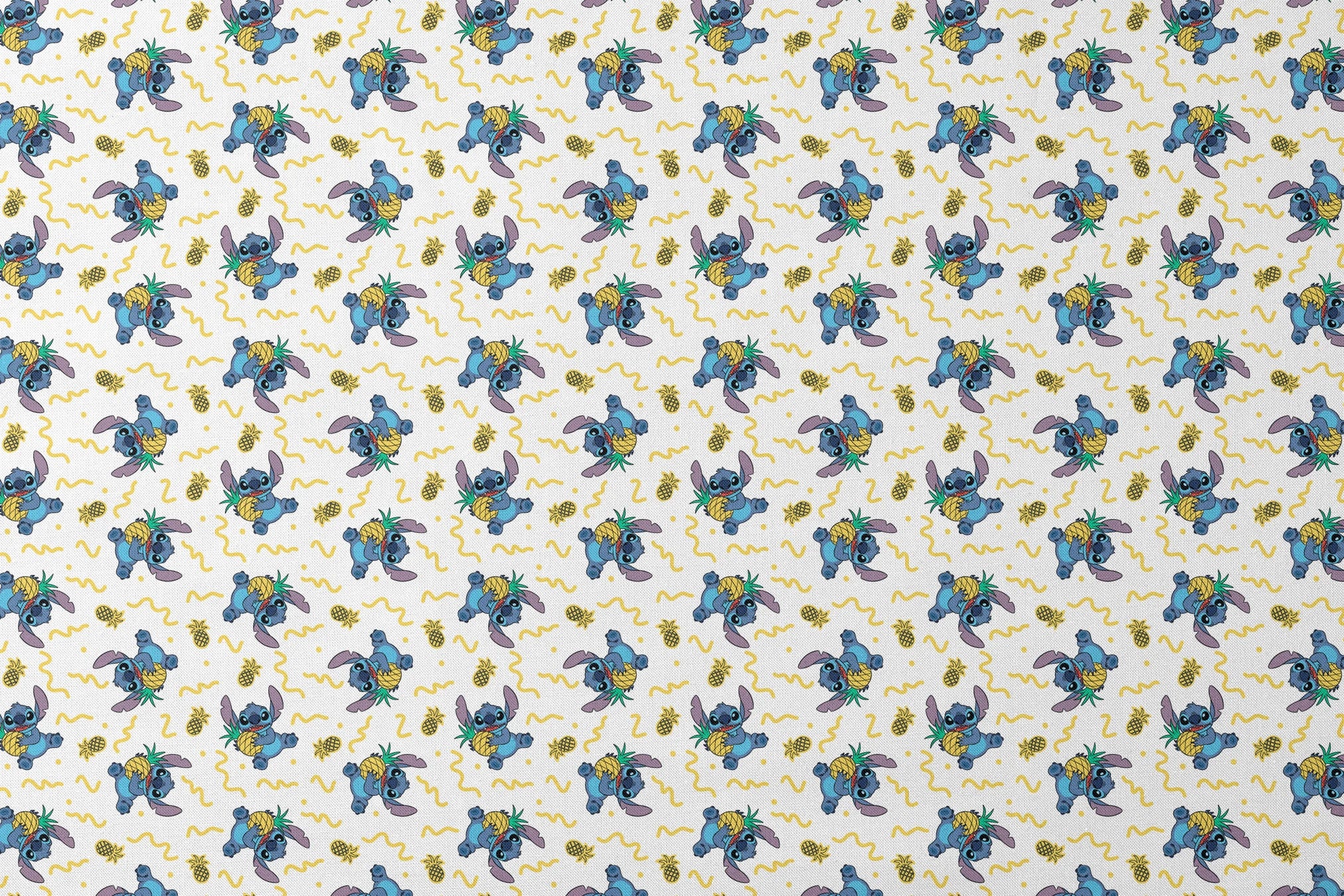 Disney's Stitch holding pineapples with yellow squiggly lines on white background pattern designs flat mockup