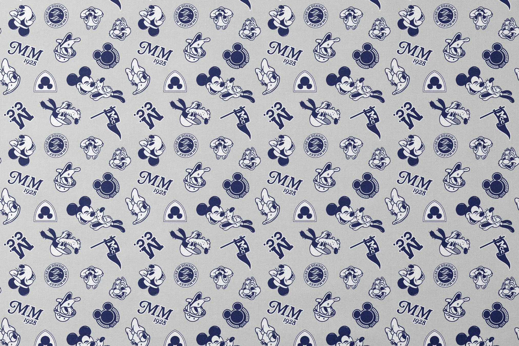 Disney character pattern with Mickey Mouse, Donald Duck and other classic cartoon figures in navy blue on light background. designs flat mockup