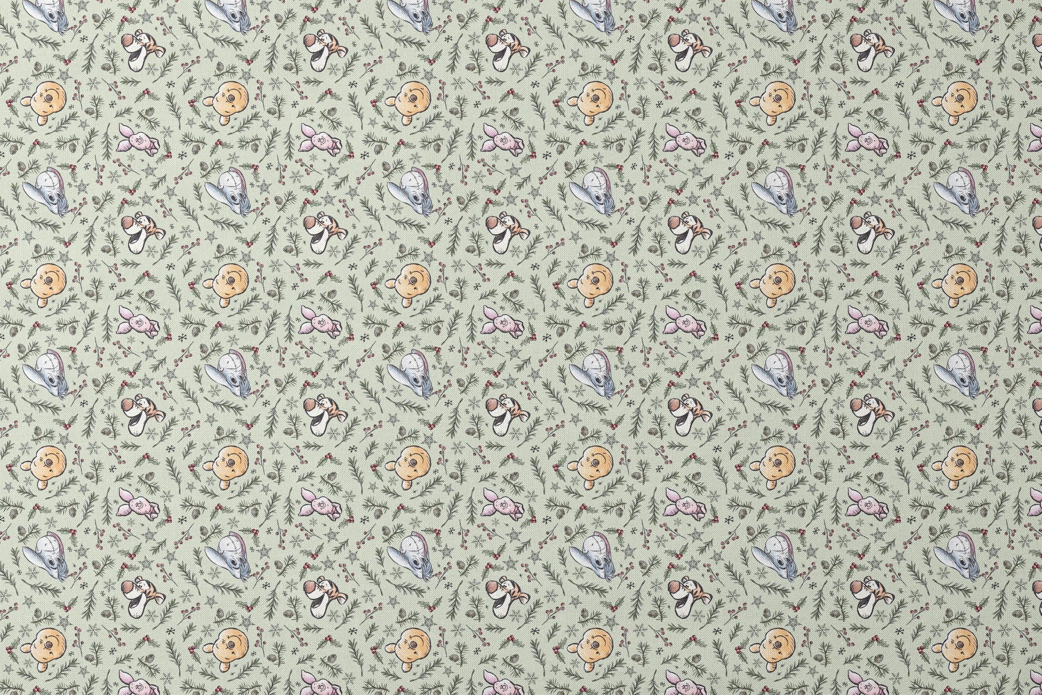 Whimsical holiday pattern with cartoon animals, pine branches, berries, and snowflakes on mint green designs flat mockup