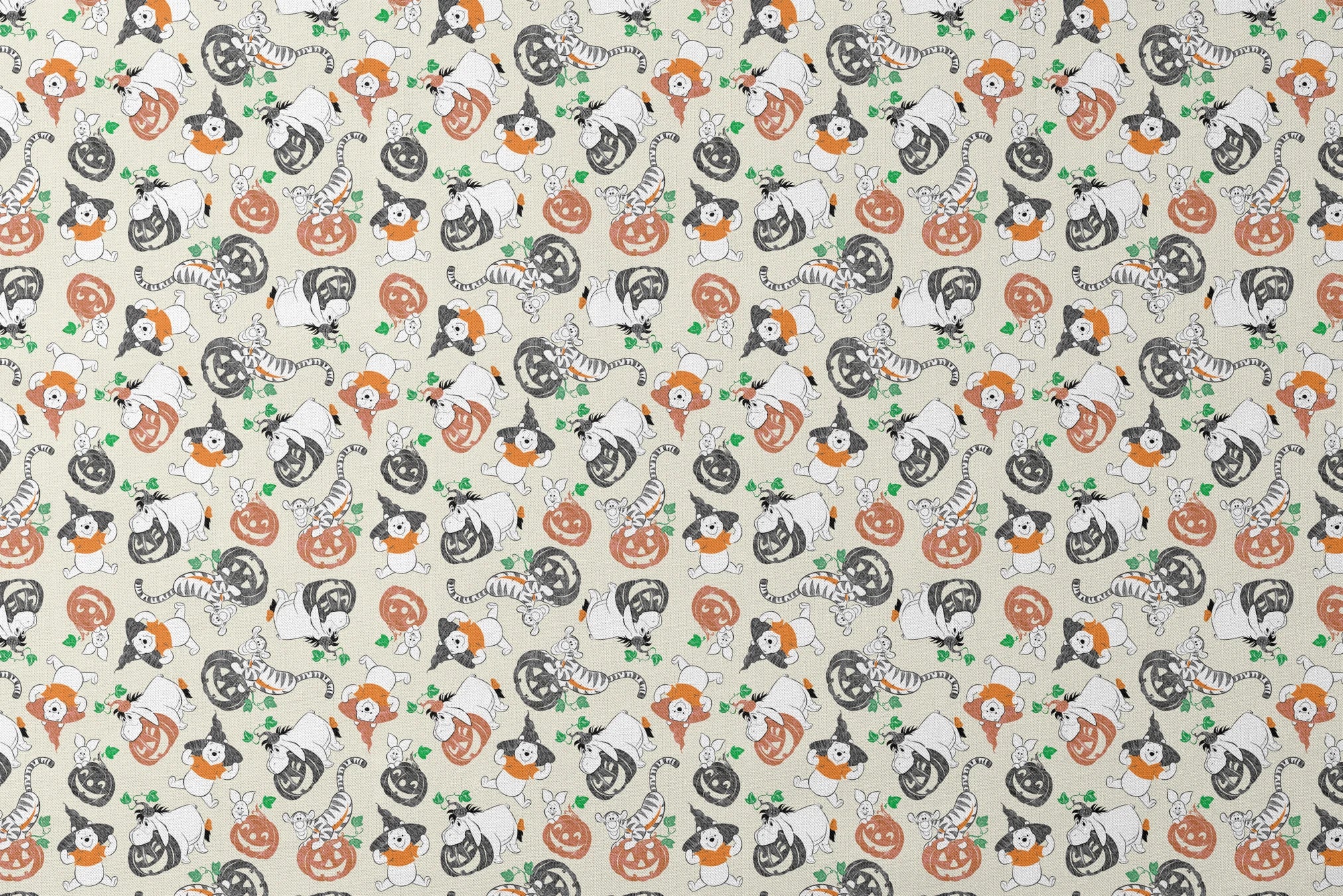 Whimsical Halloween pattern with cartoon ghosts, pumpkins, cats, and bears on cream background designs flat mockup