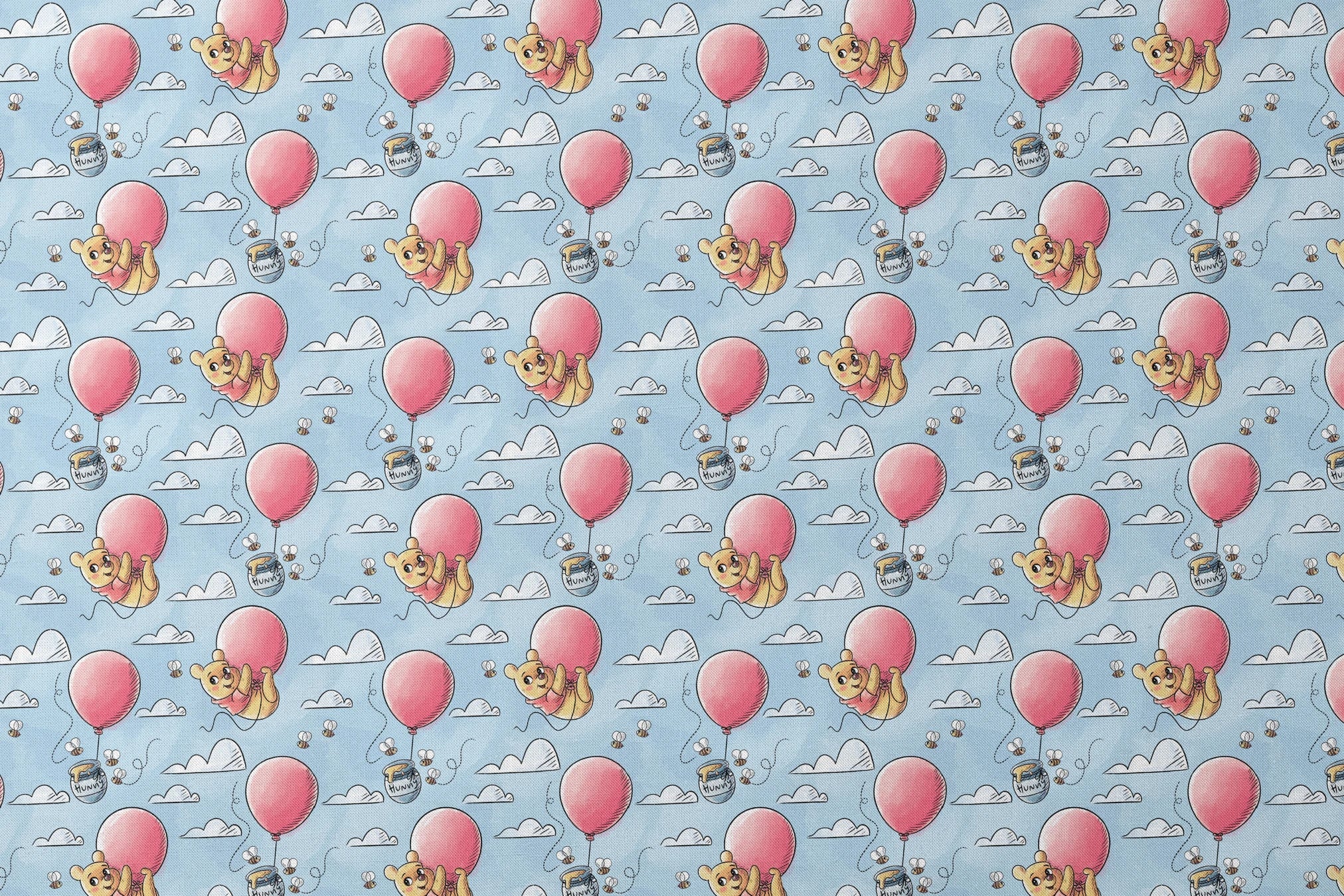 Cute yellow bear characters floating with pink balloons and honey pots against a blue sky with cl... designs flat mockup
