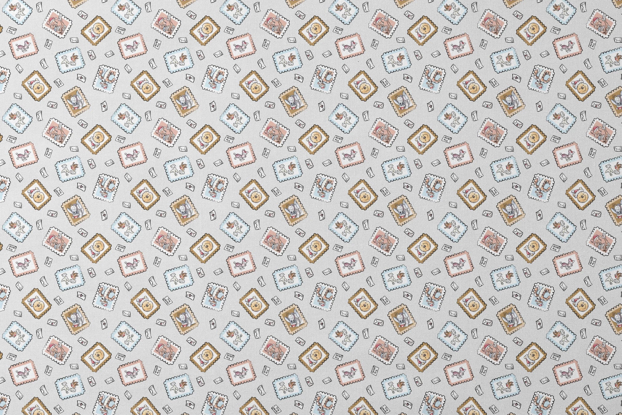 Vintage-style postage stamps with fairy tale illustrations on a light gray background with envelo... designs flat mockup