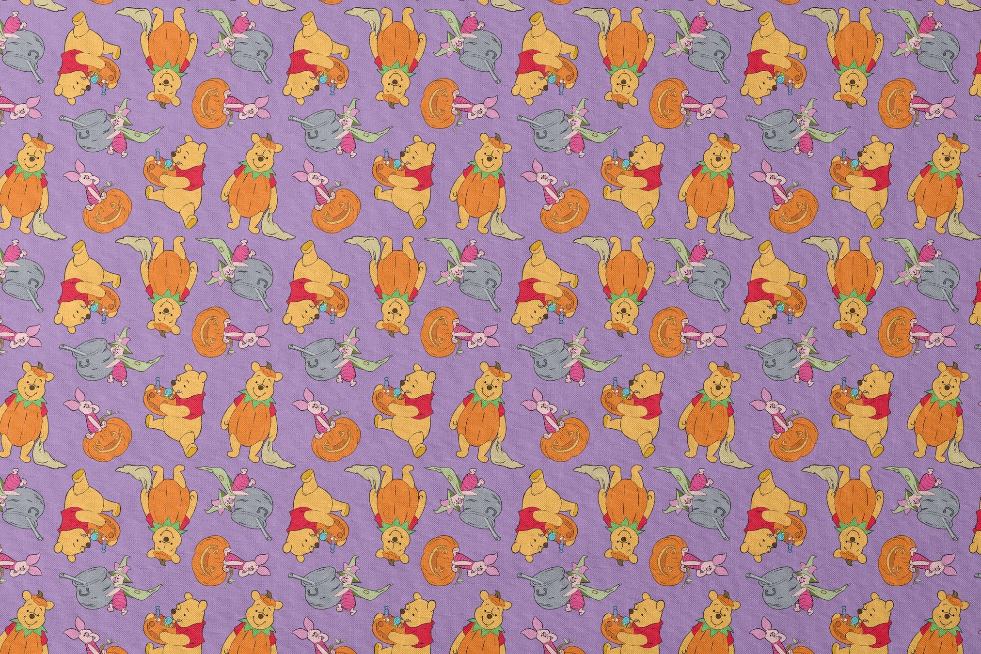 Whimsical Winnie the Pooh pattern with Piglet and Eeyore on purple background with pumpkins designs flat mockup