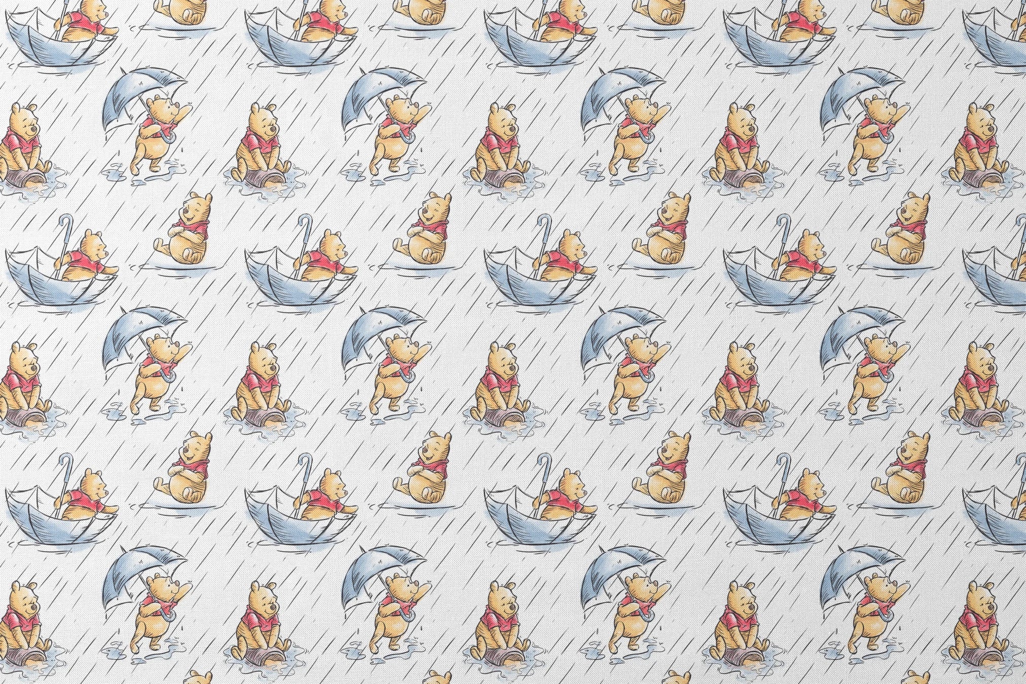 Small bear characters in a rainy scene - some holding umbrellas, others in paper boats, wearing red shirts designs flat mockup