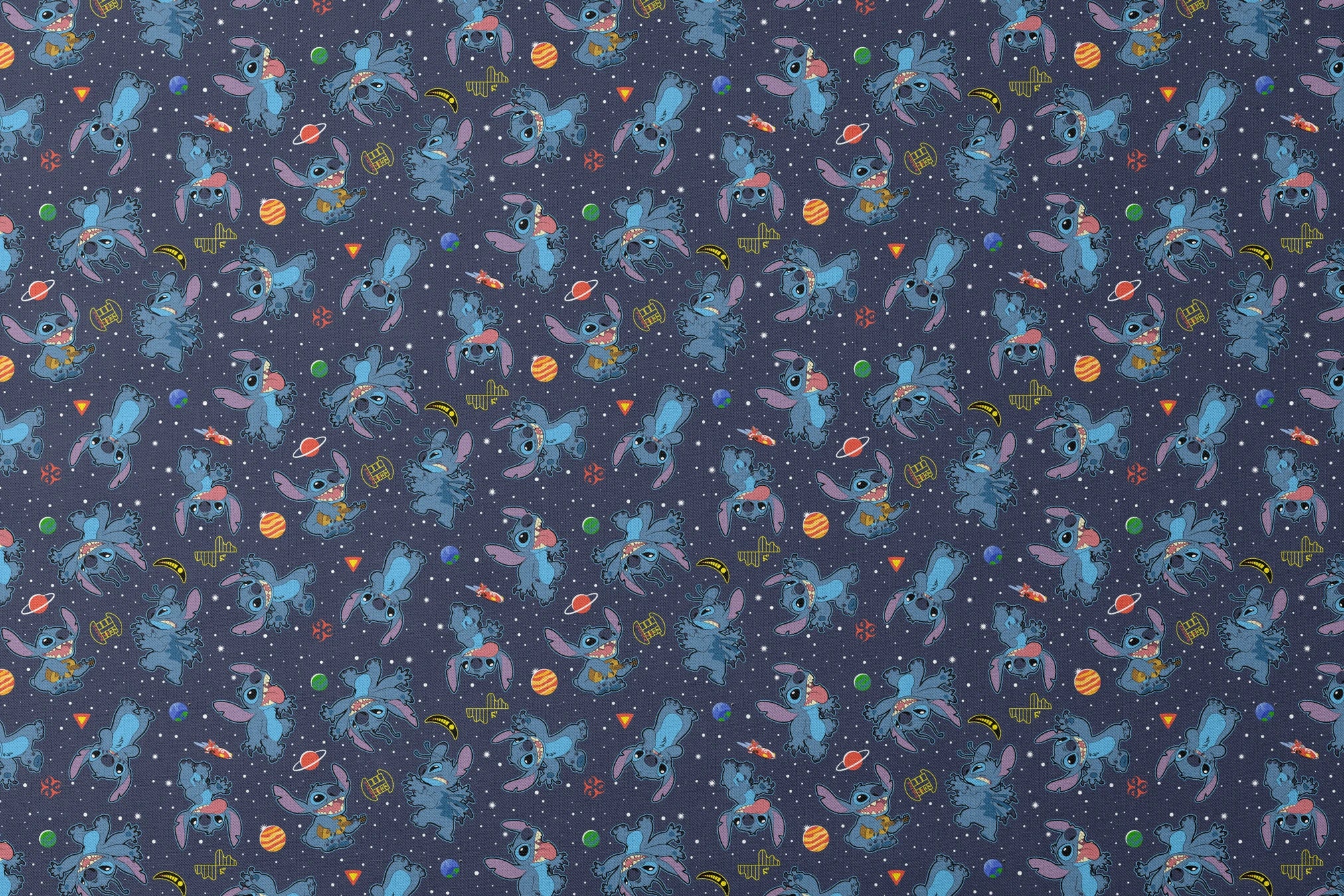 Disney's Stitch floating in space with planets, stars, and spaceships on dark background pattern designs flat mockup