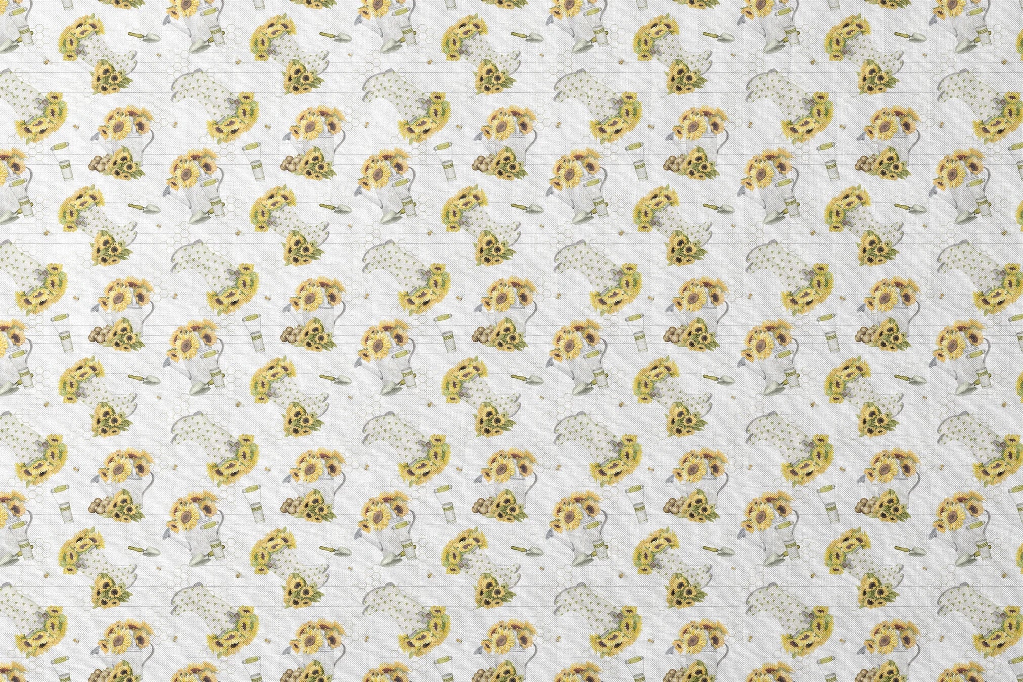 Sunflower-filled watering cans with bees, trowels, and garden tools on a white shiplap and honeycomb background. Designed by Nicole Tamarin. designs flat mockup