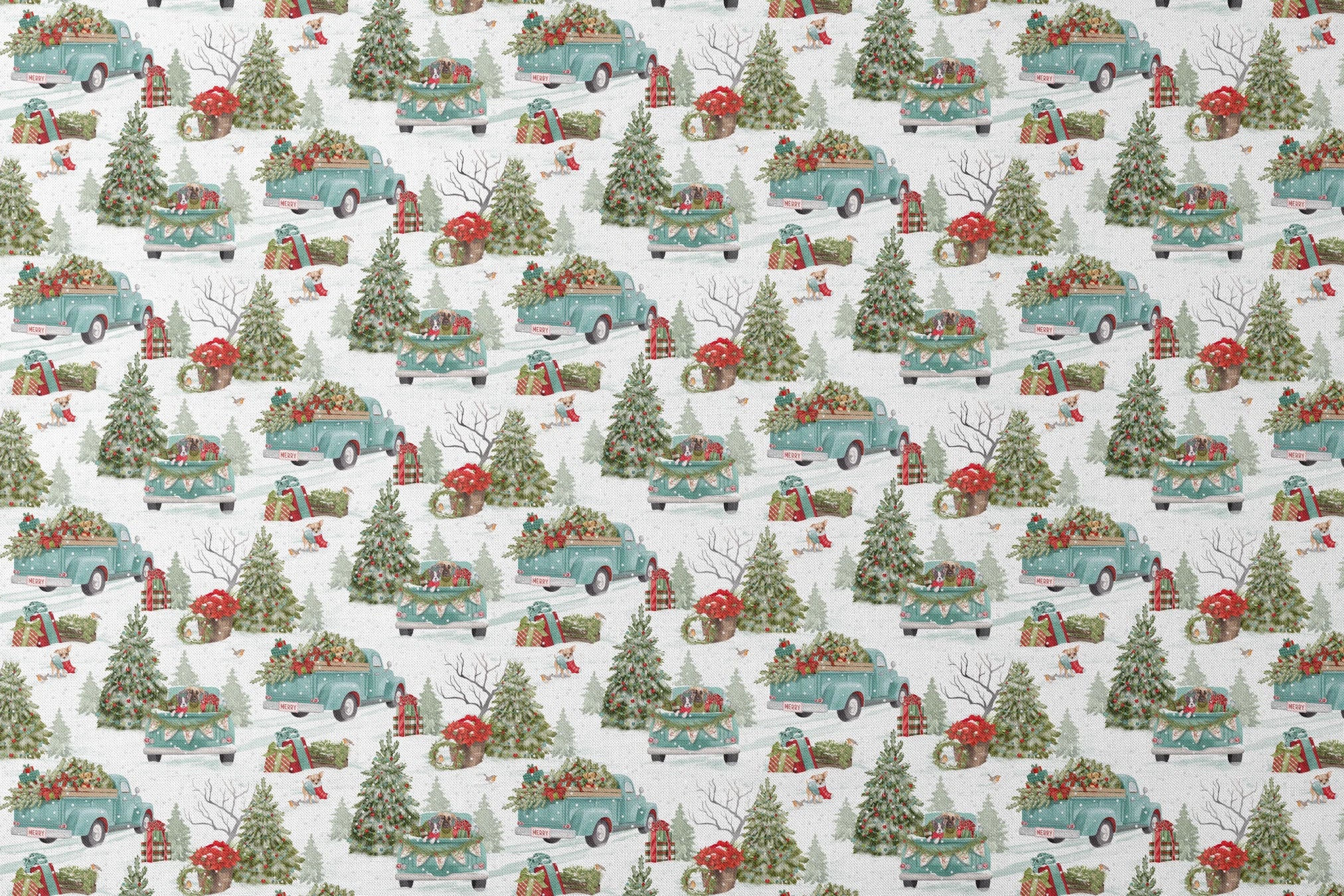 Vintage-style holiday fabric by Nicole Tamarin featuring teal trucks with Christmas trees, dogs, snow, and gifts in a festive winter landscape. designs flat mockup