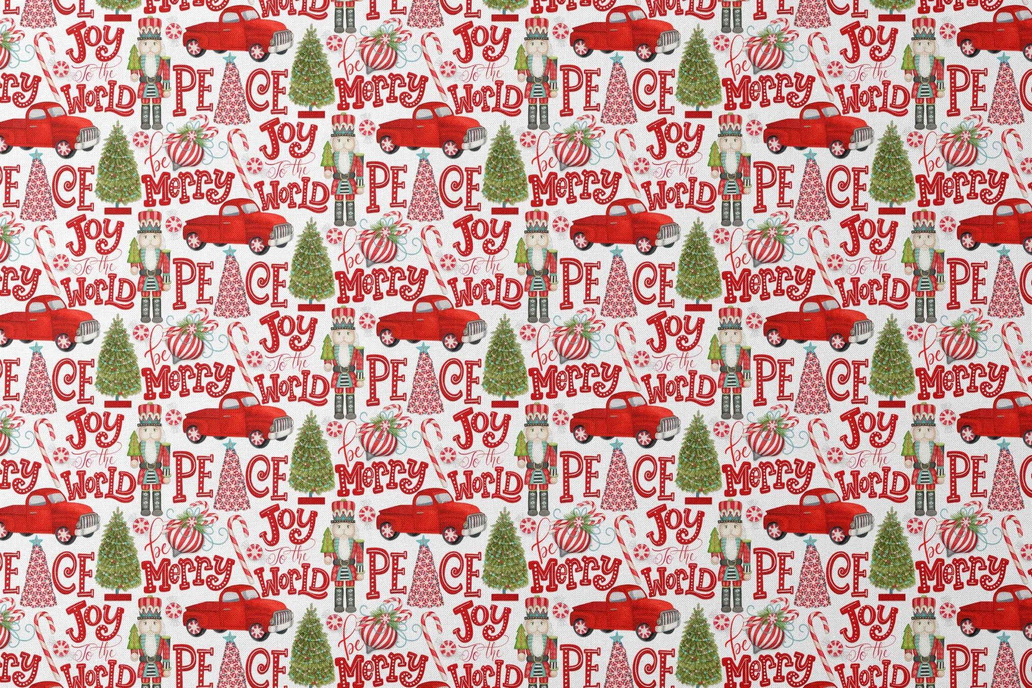 Holiday pattern featuring red trucks, nutcrackers, candy canes, Christmas trees, and festive lettering on a white background by Nicole Tamarin. designs flat mockup