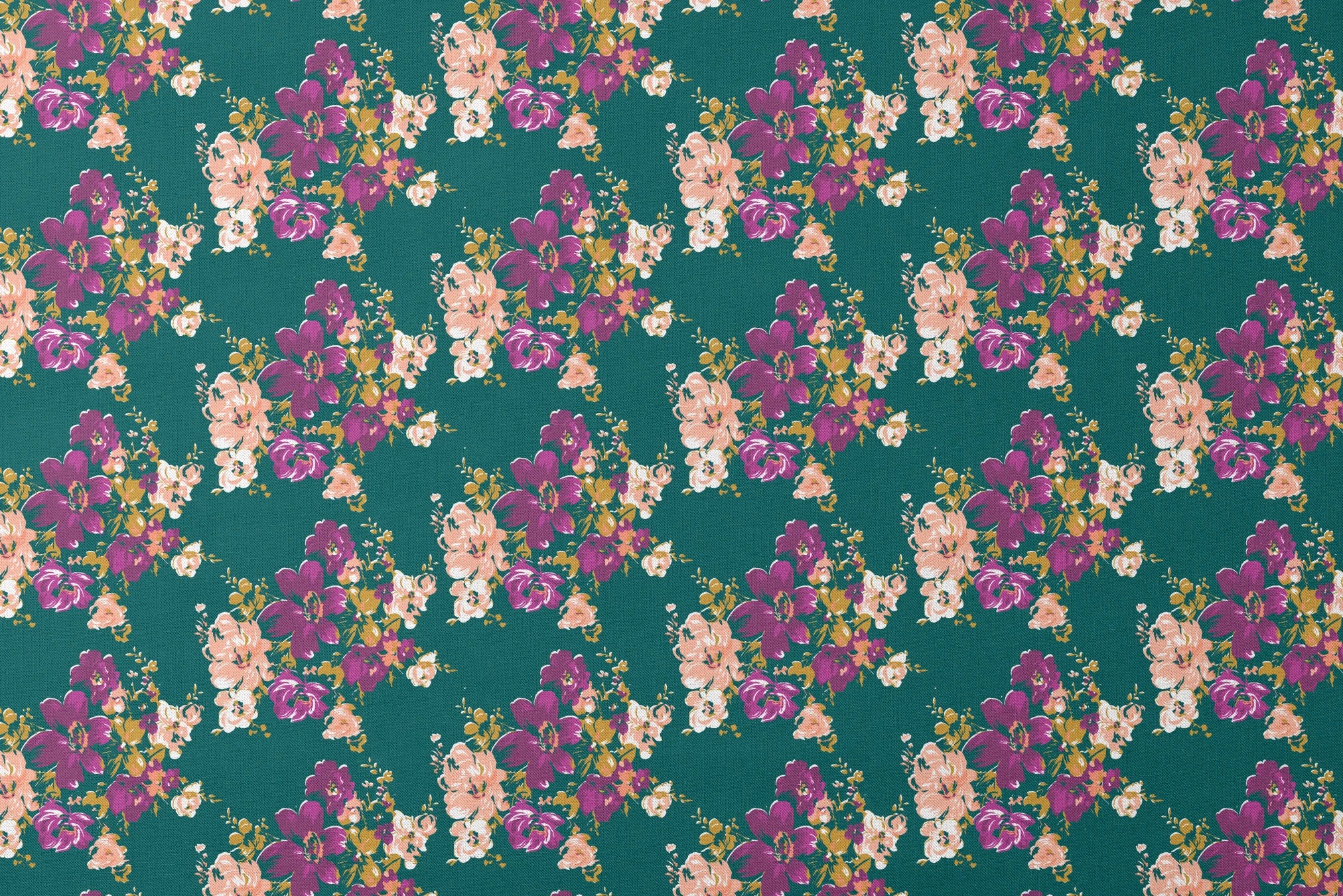 Vibrant floral pattern with purple and peach flowers on a deep teal background designs flat mockup