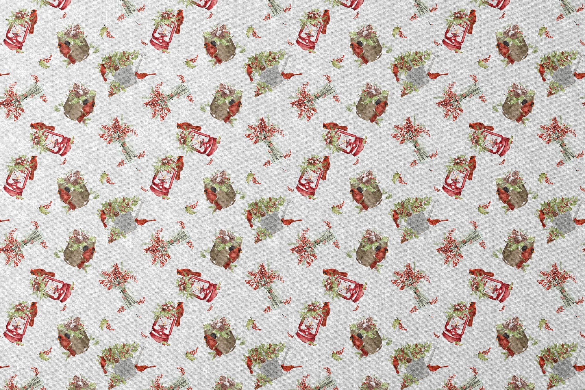 Red cardinals perched among holly berries, pine sprigs, lanterns, and rustic containers on a soft snowy background with snowflake details by Nicole Tamarin designs flat mockup