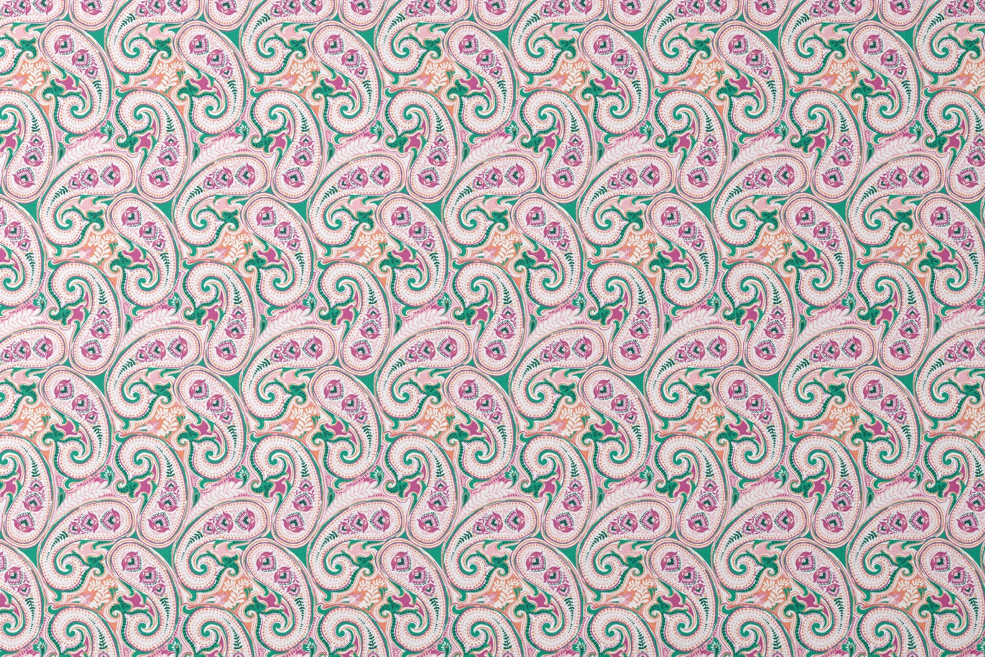 Colorful paisley pattern with swirling teardrop shapes in pink, green, and orange on light background designs flat mockup