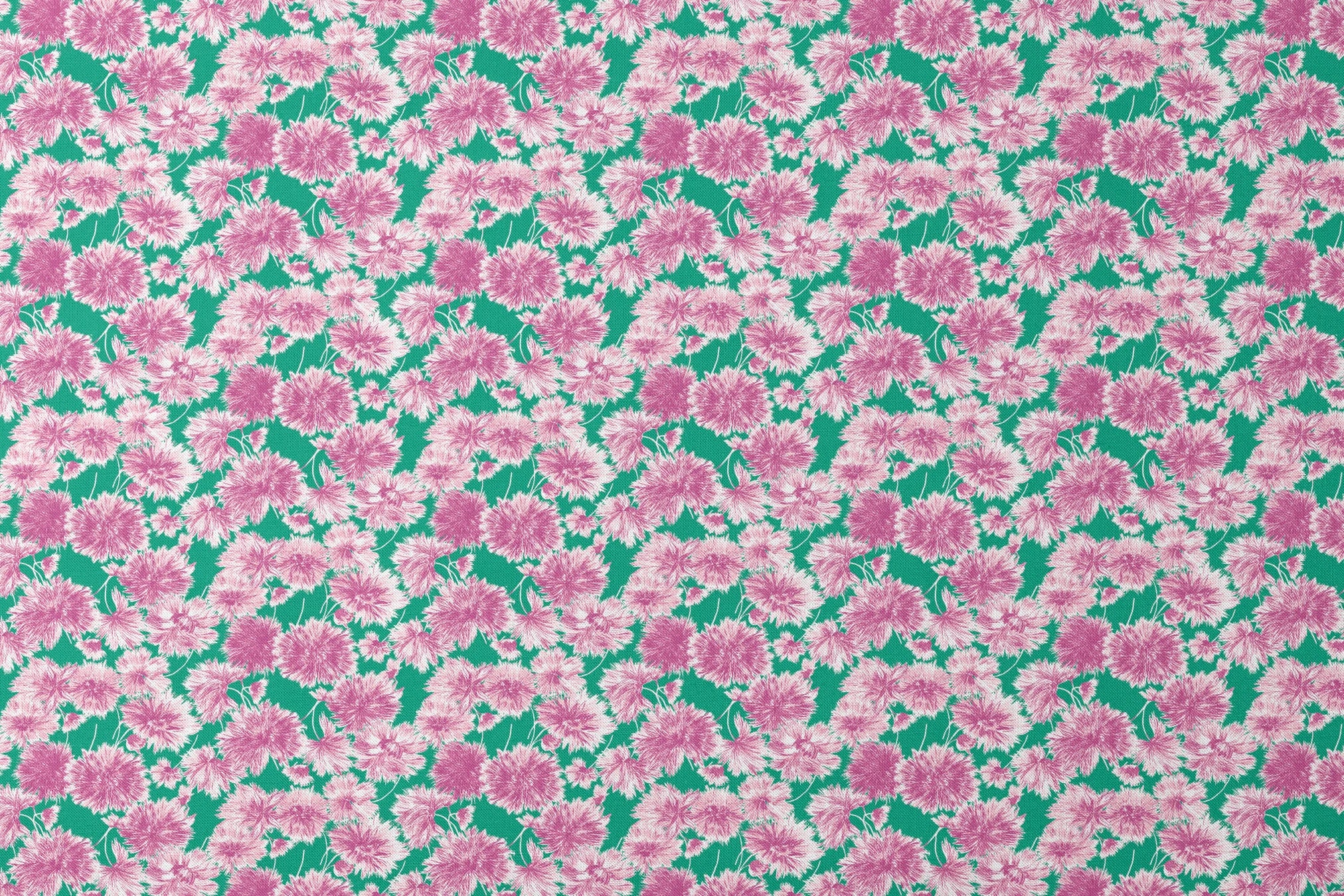 Pink and purple carnation flowers scattered on a green background in a repeating floral pattern designs flat mockup