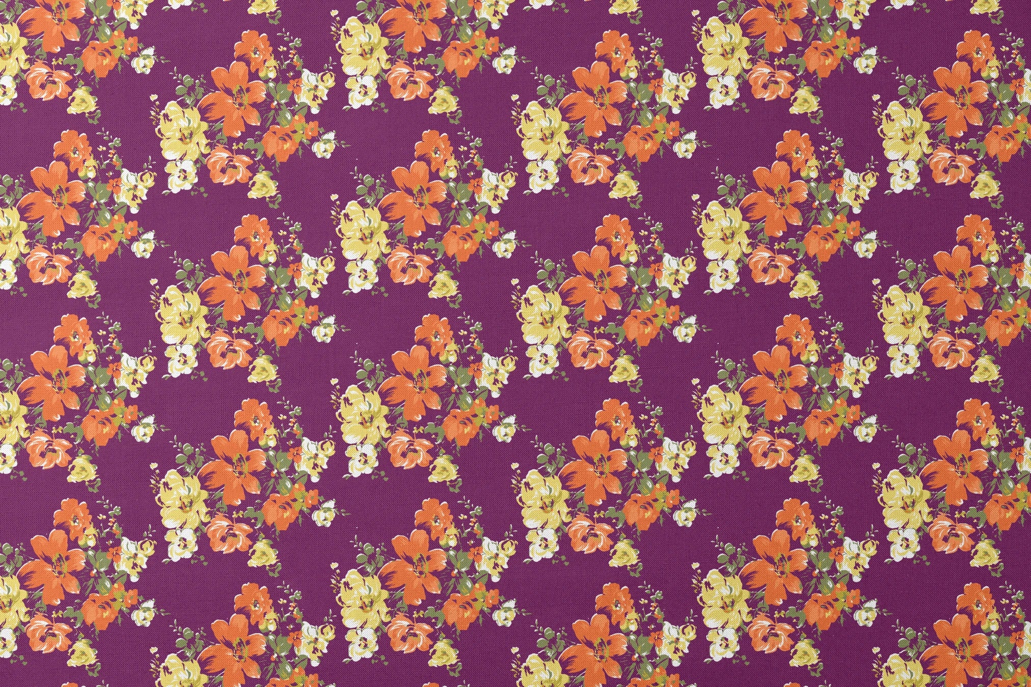 Vibrant floral pattern with orange and yellow blooms against a deep purple background designs flat mockup