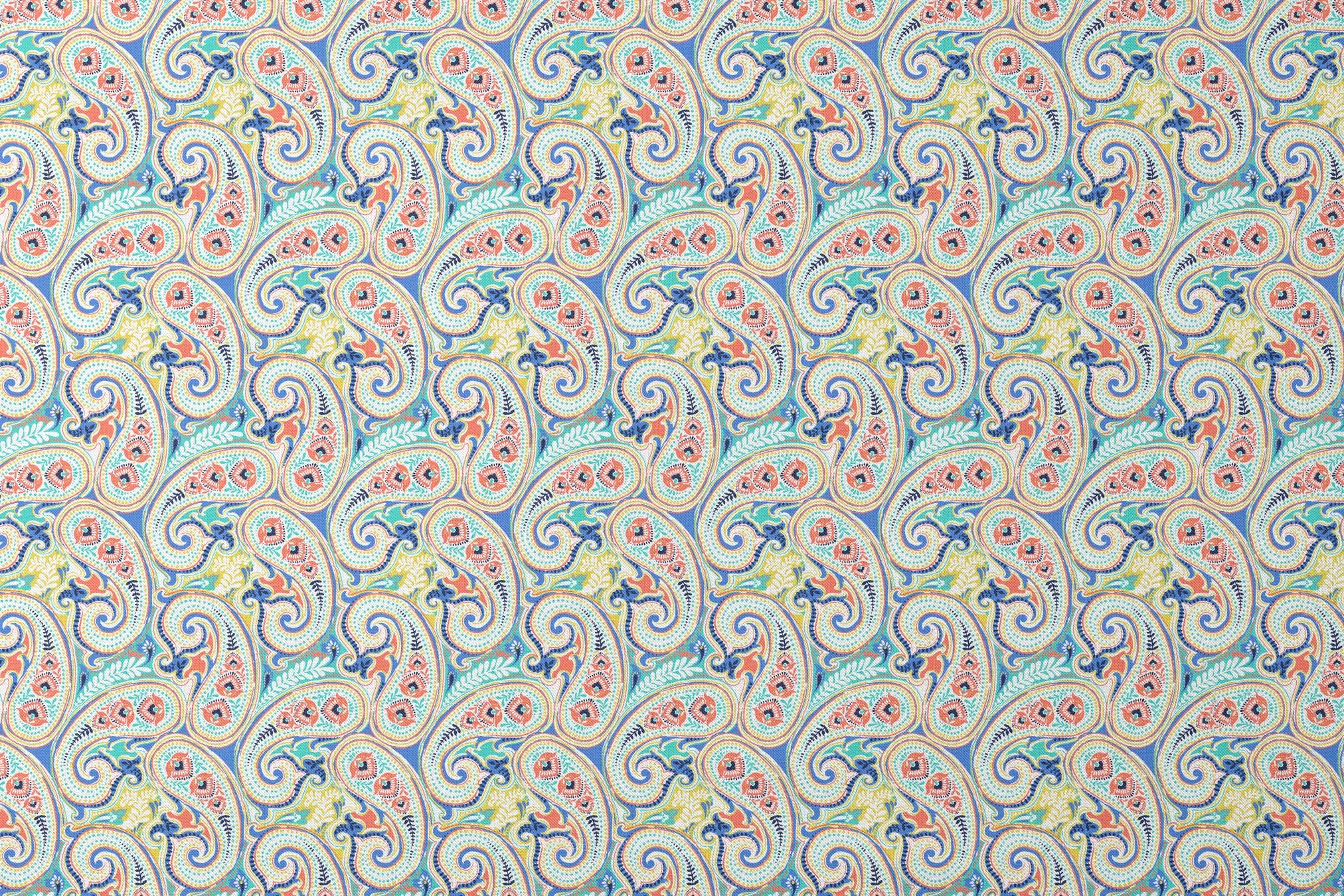 Vibrant blue, yellow and red paisley pattern with swirling decorative motifs and curved shapes designs flat mockup