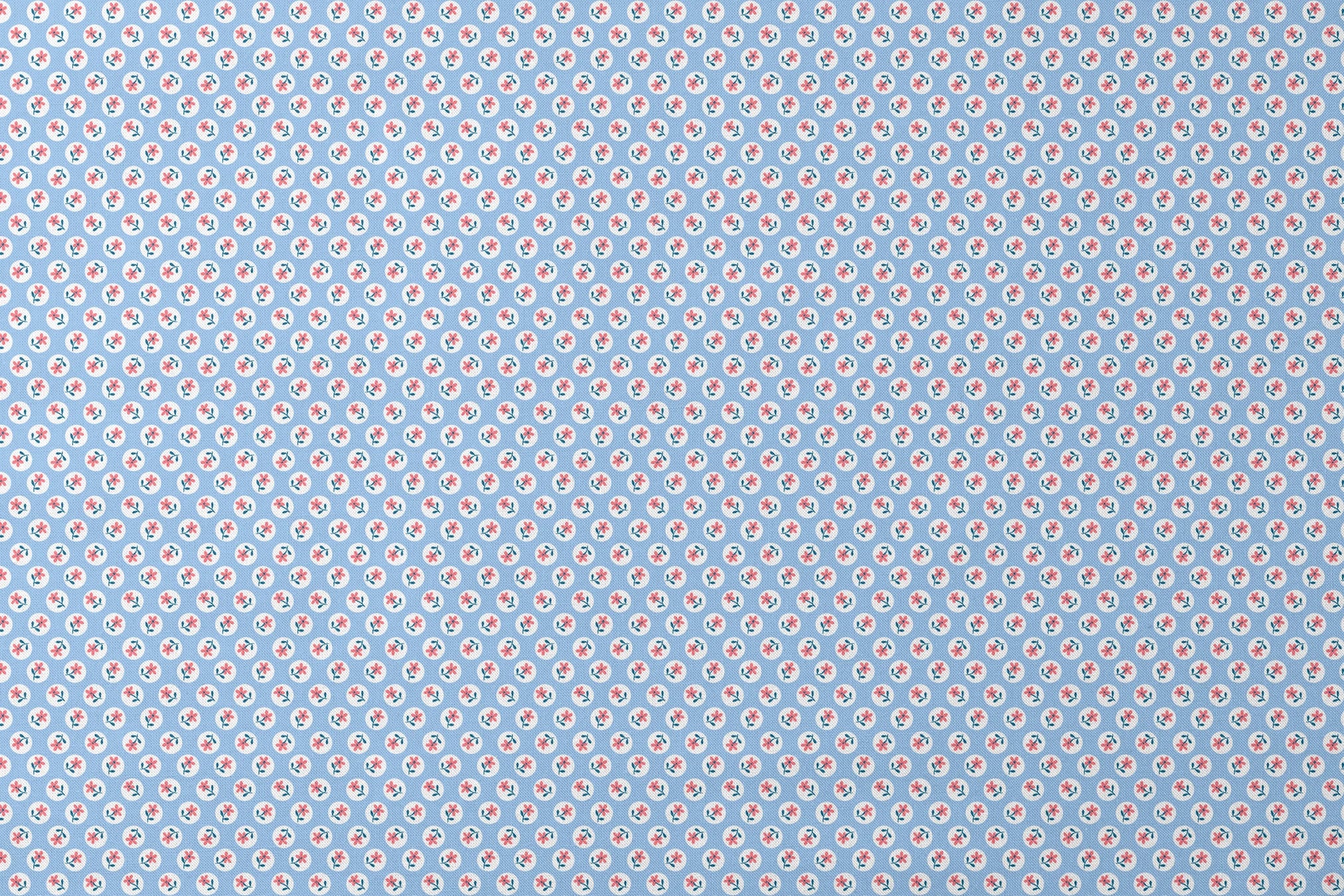 Pink flowers with blue-green stems in white circles on pale blue background, repeating pattern designs flat mockup