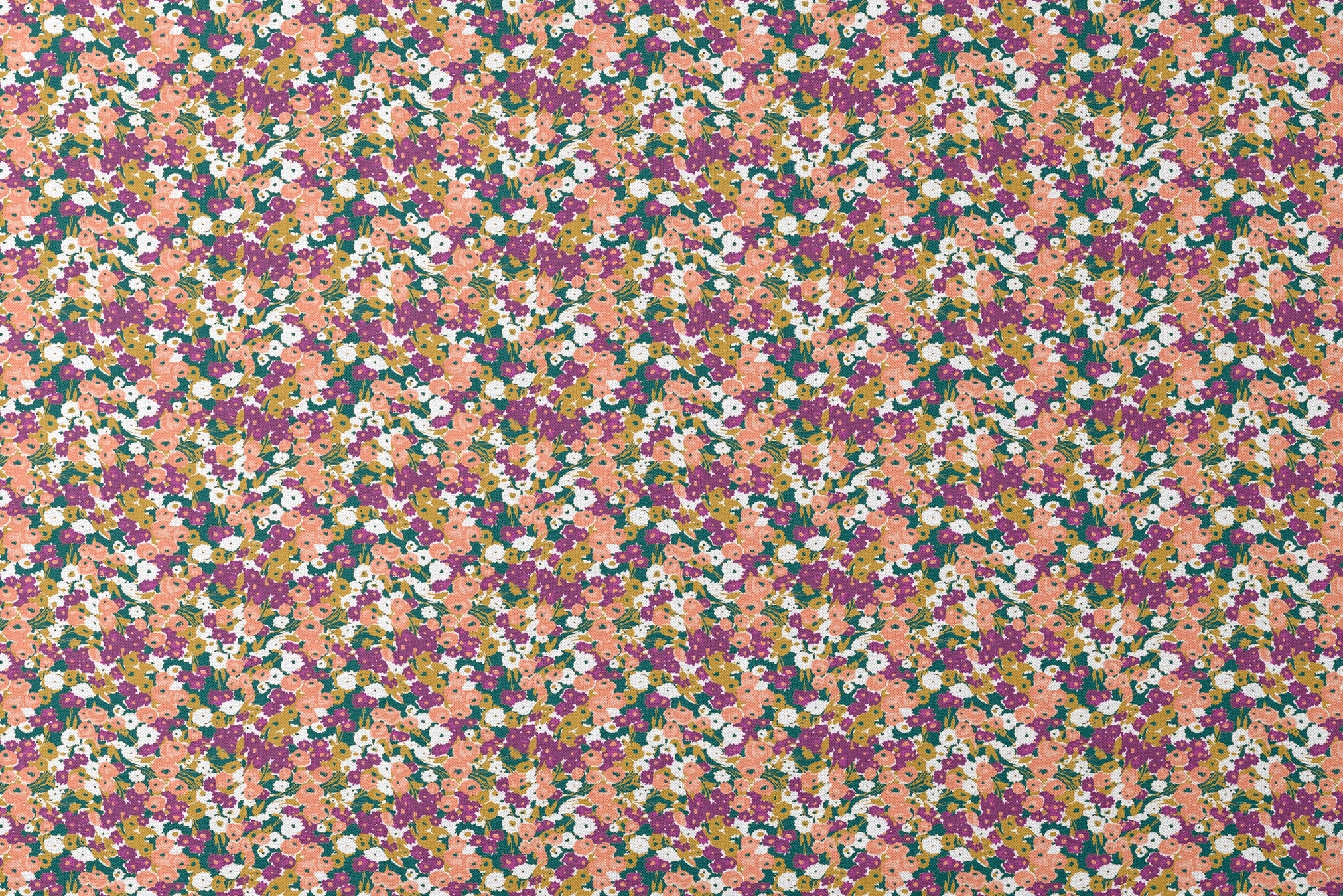 Vibrant floral pattern with peach, purple, white, and gold blooms against dark green foliage designs flat mockup