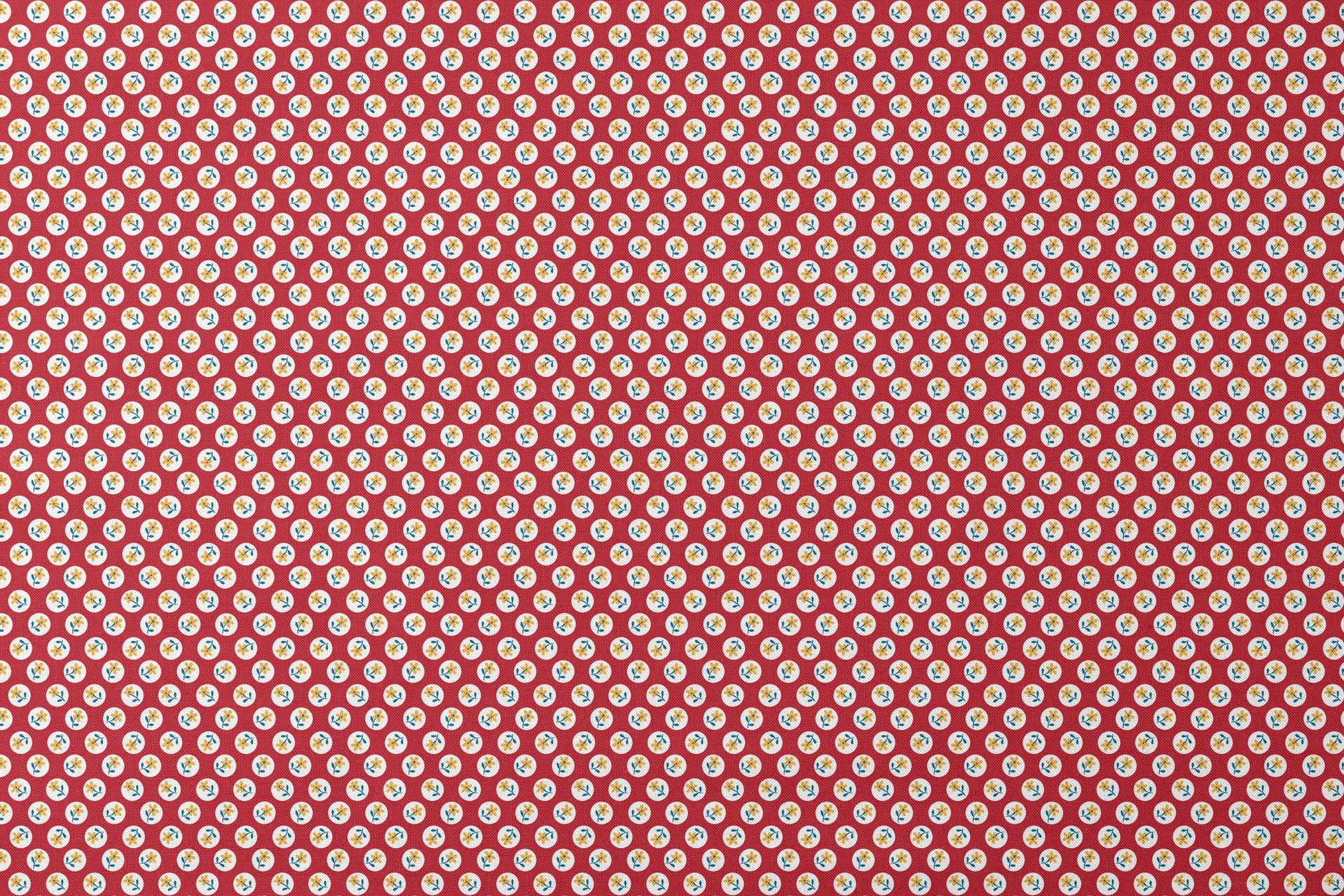 Yellow flowers with blue stems on white circles against red background in repeating pattern designs flat mockup
