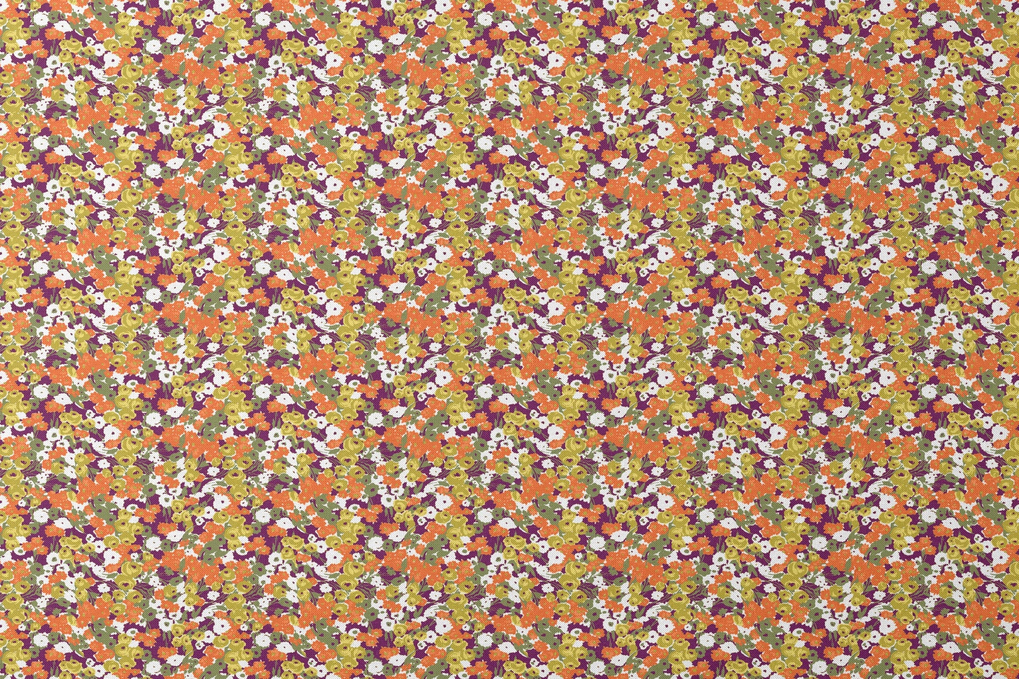Vibrant floral pattern with white, orange, yellow, green, and purple abstract blooms designs flat mockup