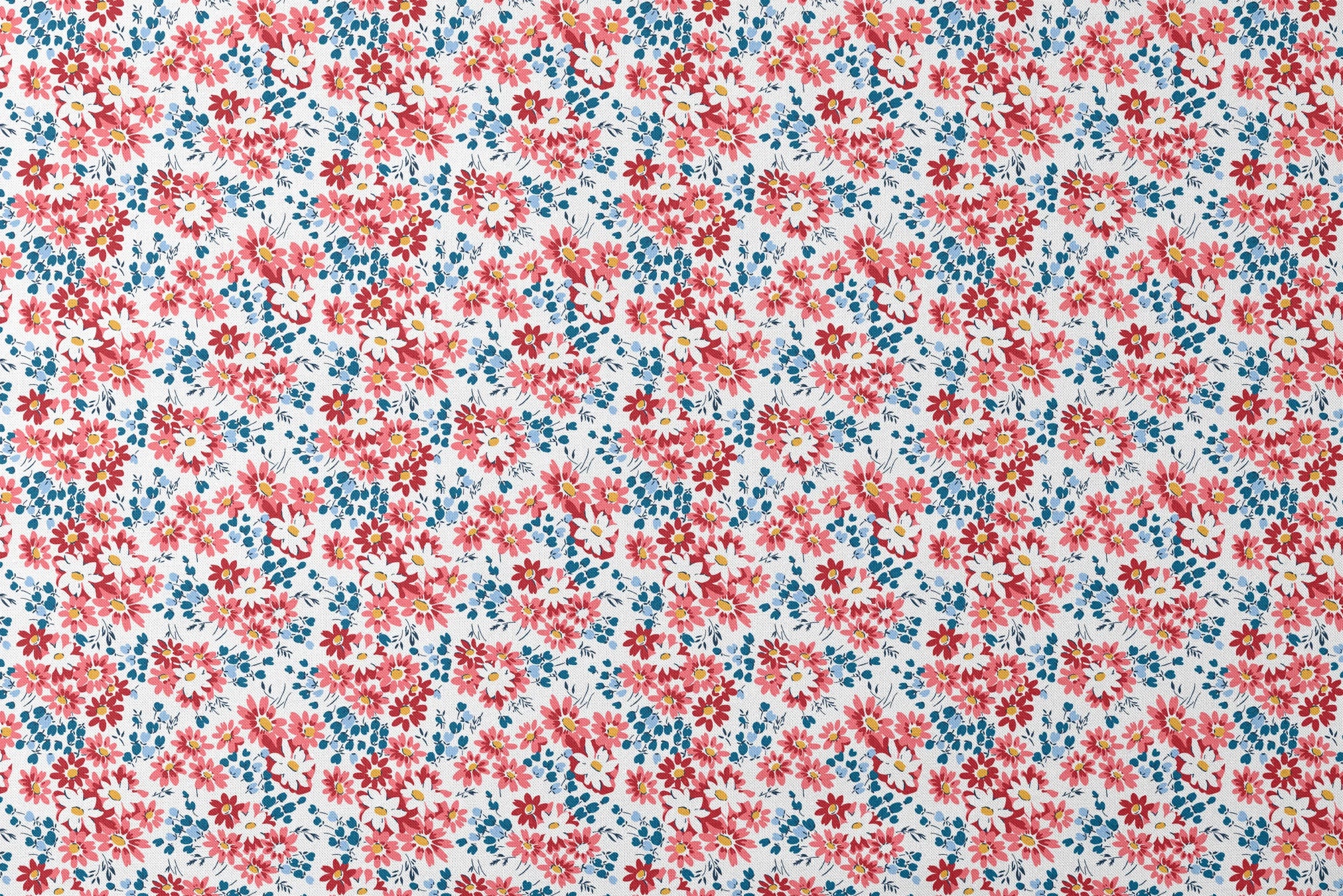 Colorful floral pattern with coral, red, and white daisies with yellow centers and teal leaves designs flat mockup