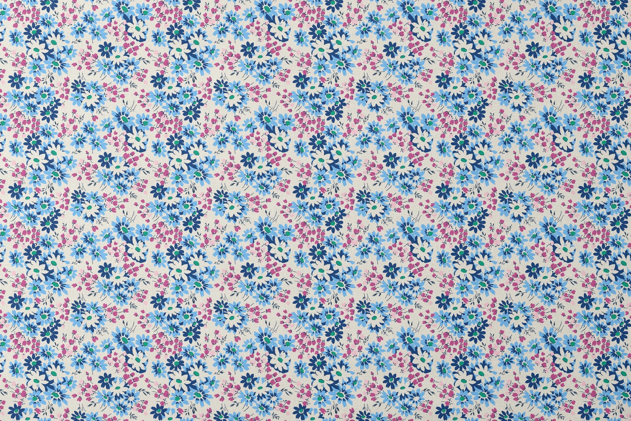 Floral pattern with blue, navy, and white daisies alongside small magenta berries on cream background designs flat mockup