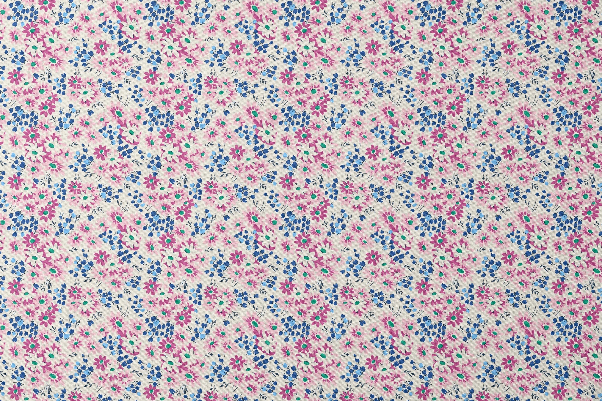 Colorful floral pattern with pink and magenta daisies, blue berries, and green accents on cream background designs flat mockup