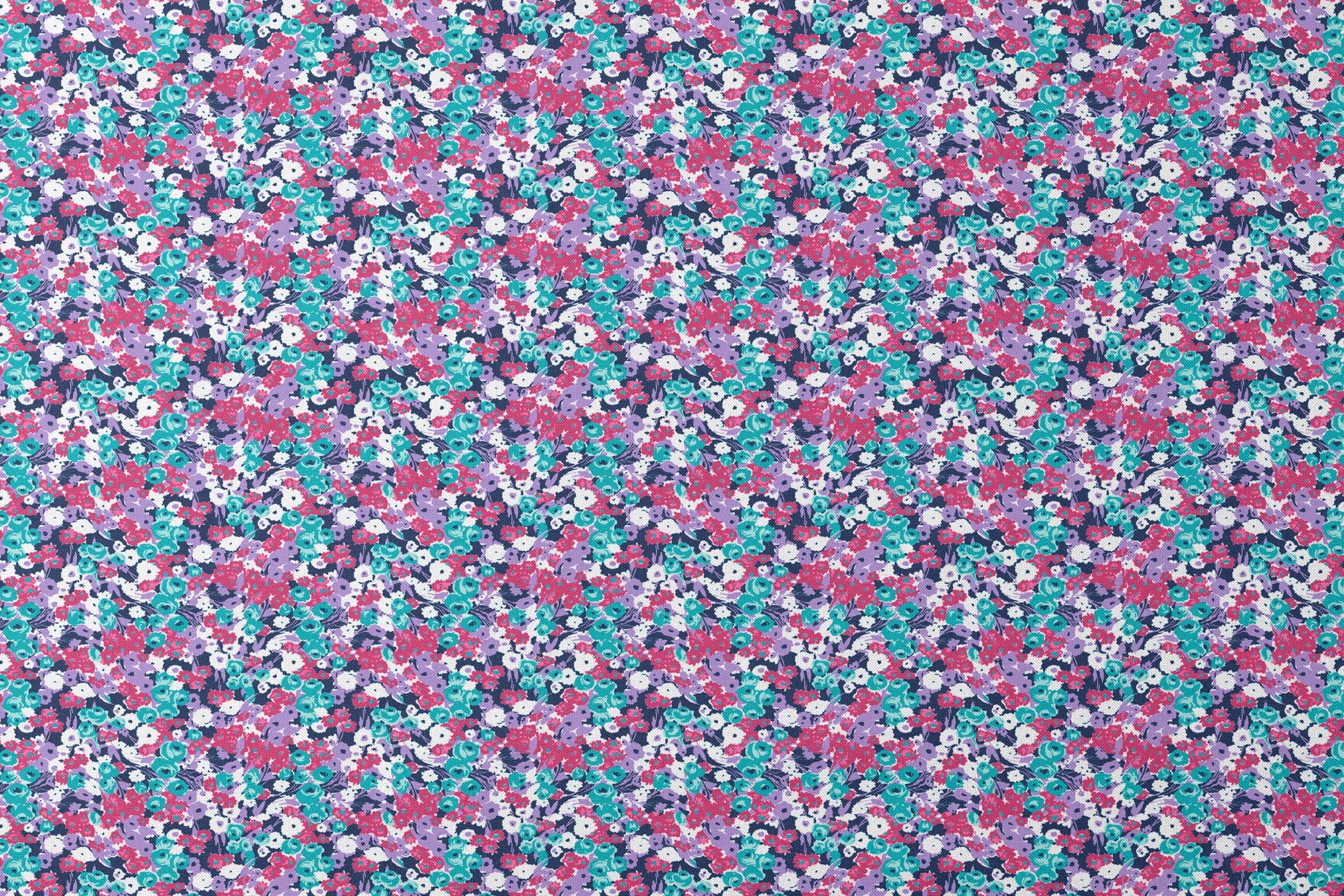Vibrant floral pattern with pink, white, purple, and turquoise flowers on dark indigo background designs flat mockup