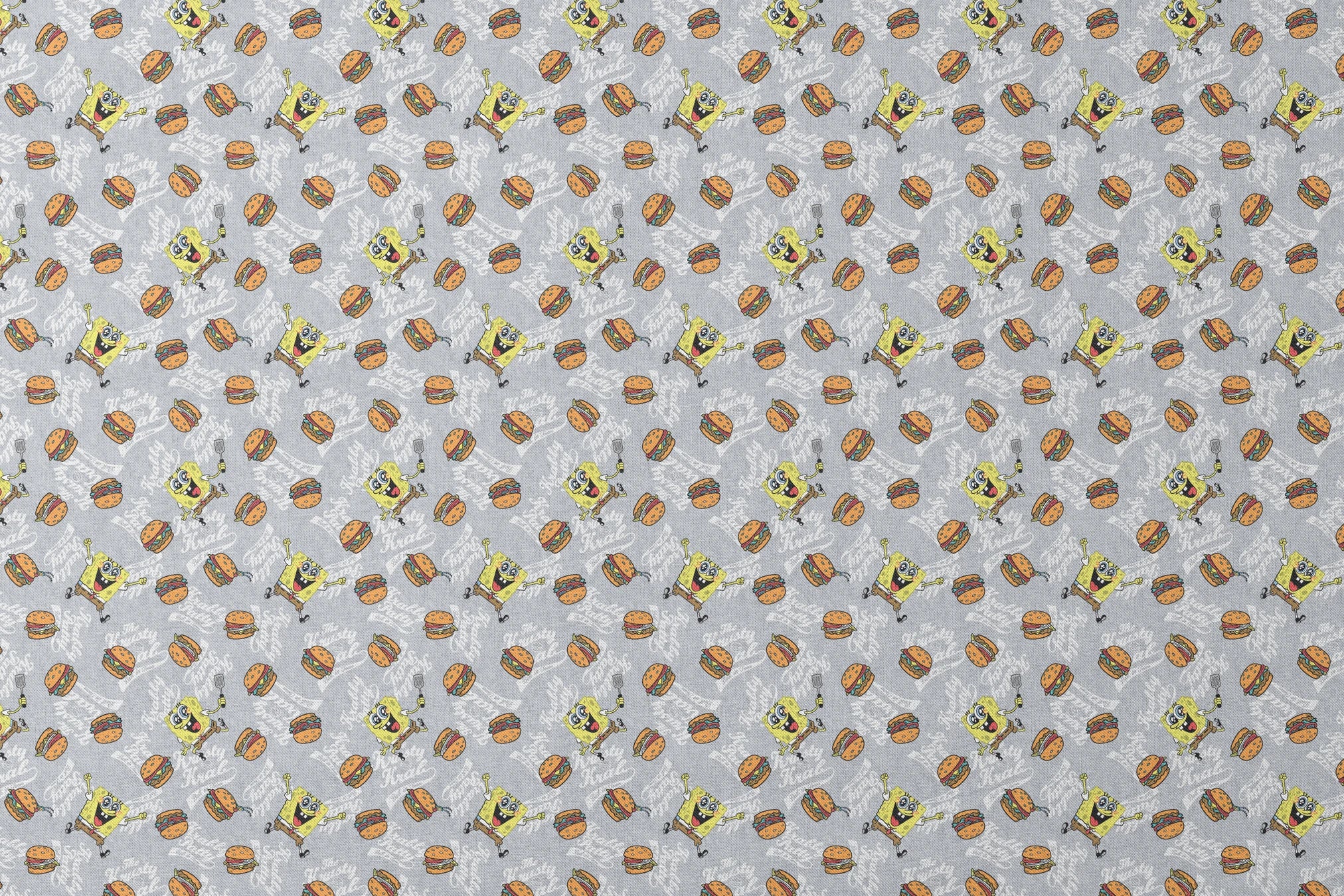 SpongeBob surrounded by Krabby Patties, spatulas, and “The Krusty Krab” text on a heather gray background in a playful cartoon-style design. designs flat mockup