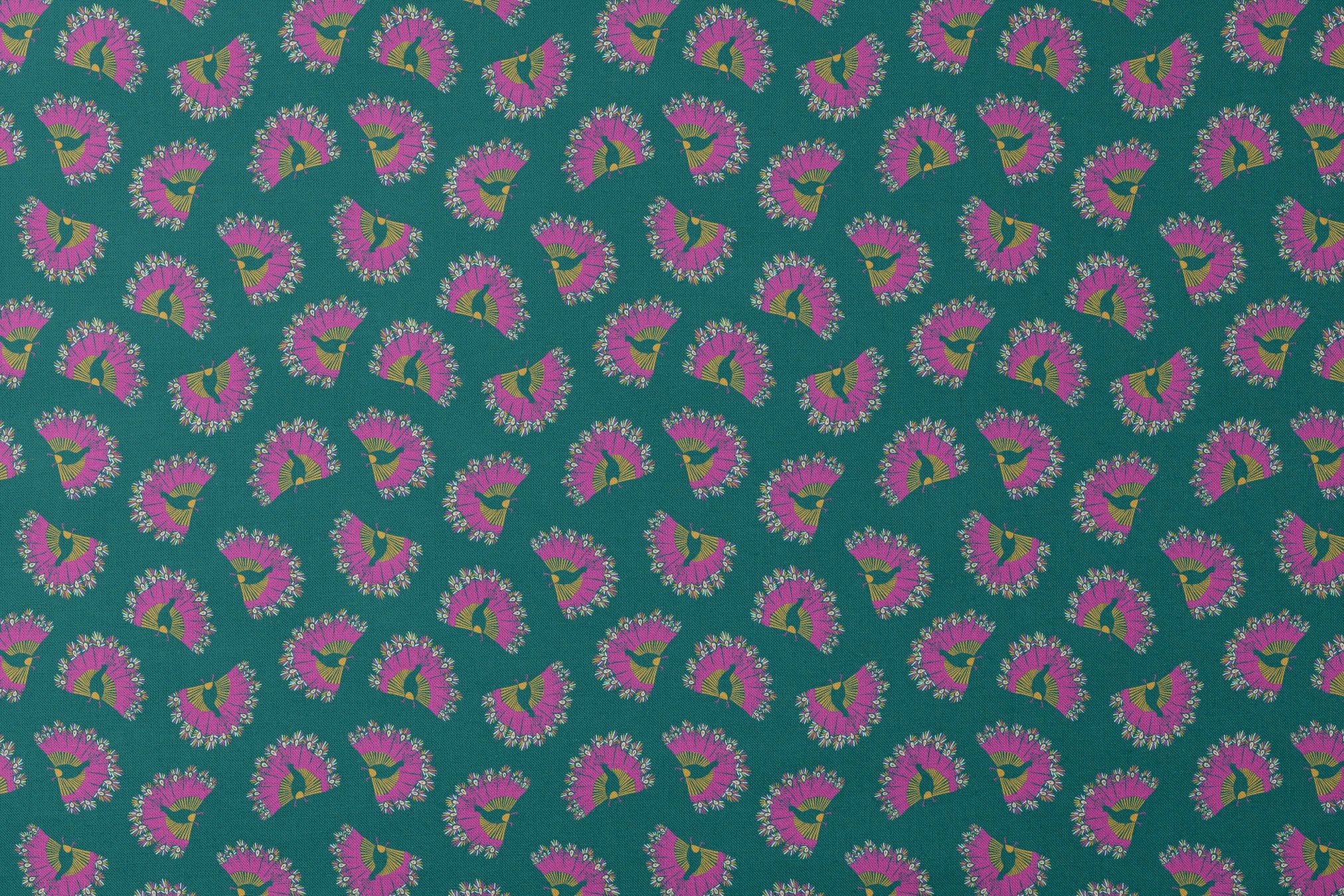 Vibrant pattern of pink circular bursts with yellow-green bird silhouettes on teal background designs flat mockup