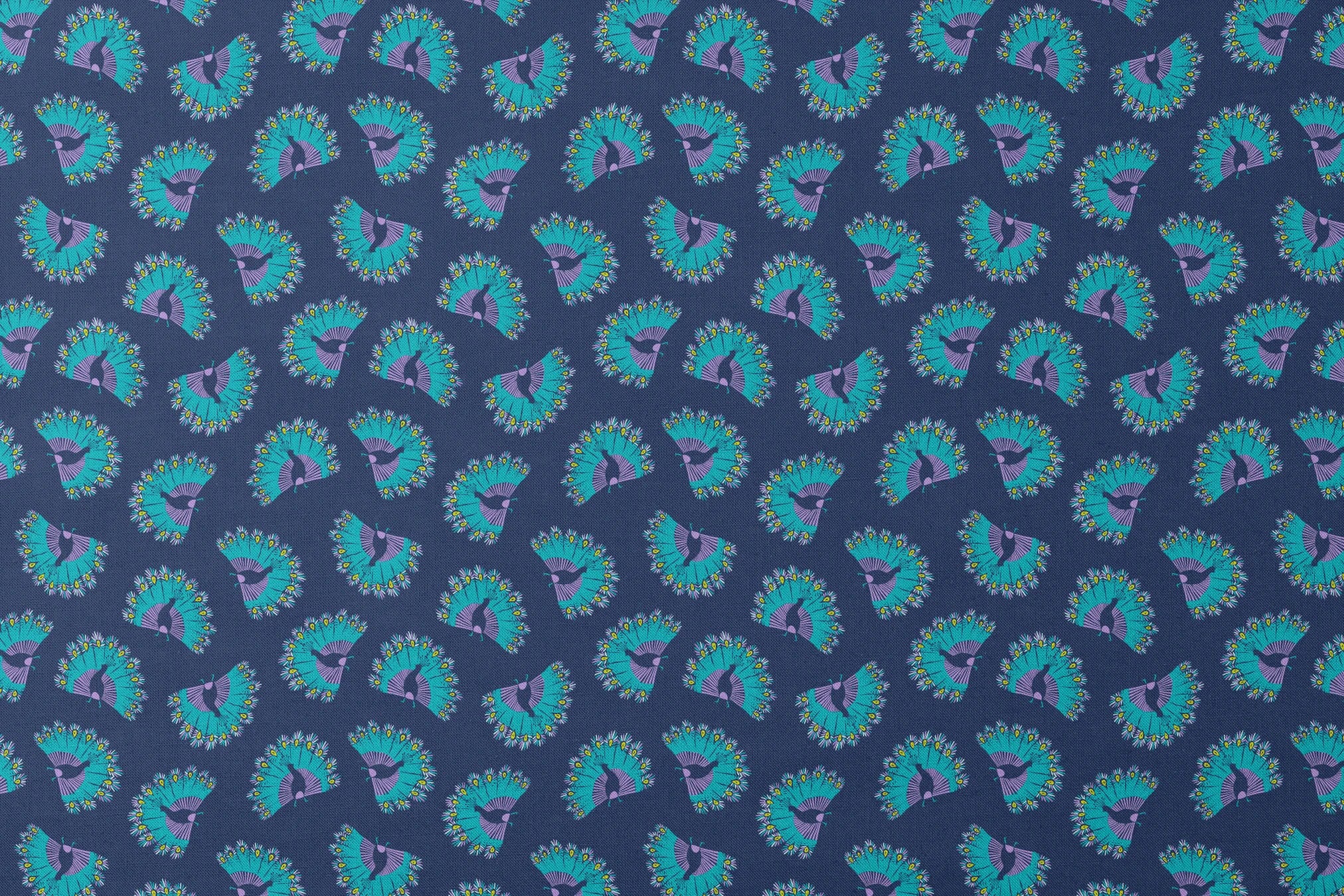 Vibrant peacock-inspired pattern with teal and purple fan shapes on blue background designs flat mockup