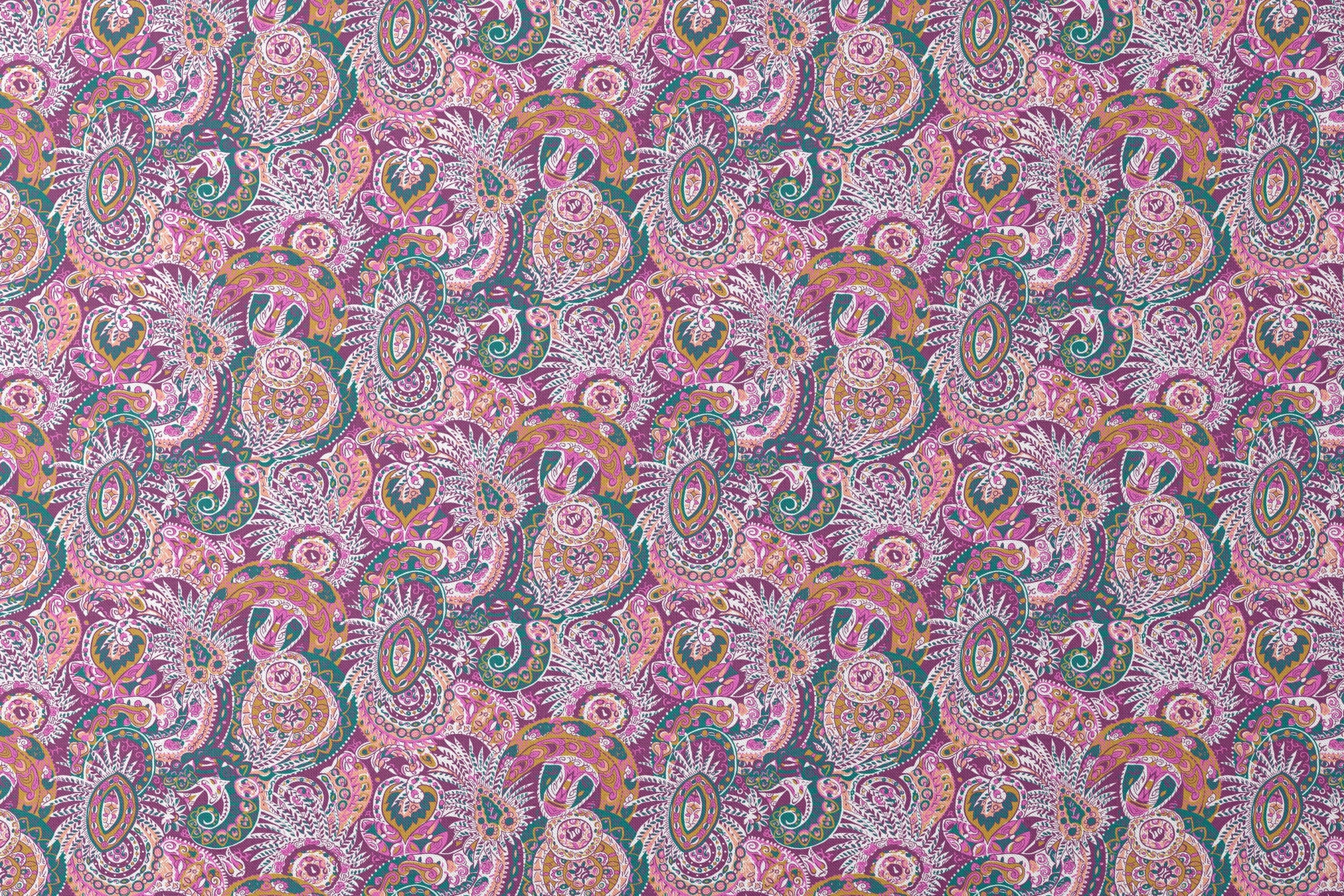Colorful paisley pattern with intricate swirls in purple, pink, orange, and teal tones designs flat mockup