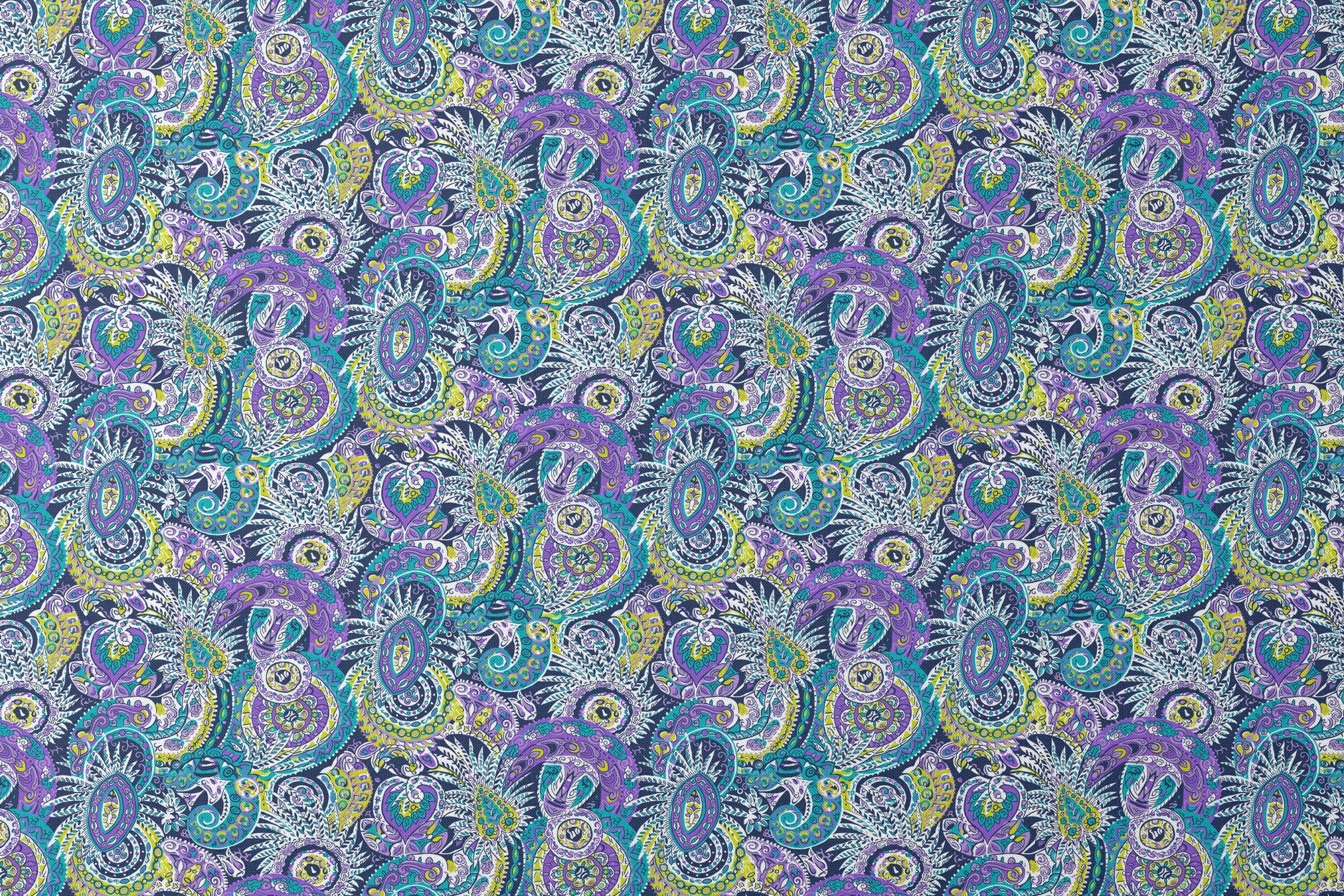 Vibrant paisley pattern with swirling designs in purple, blue, yellow, and white designs flat mockup