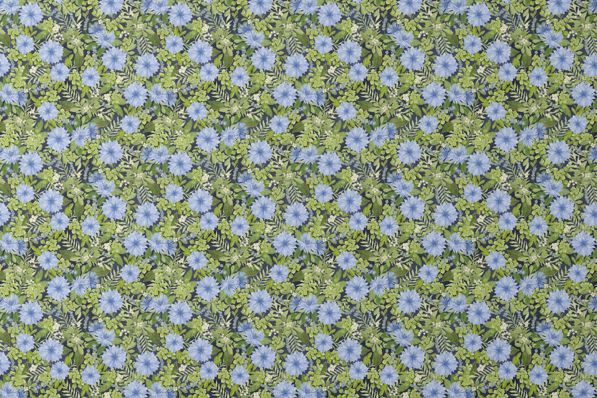 Beautiful floral pattern with light blue cornflowers and vibrant green leaves and foliage designs flat mockup