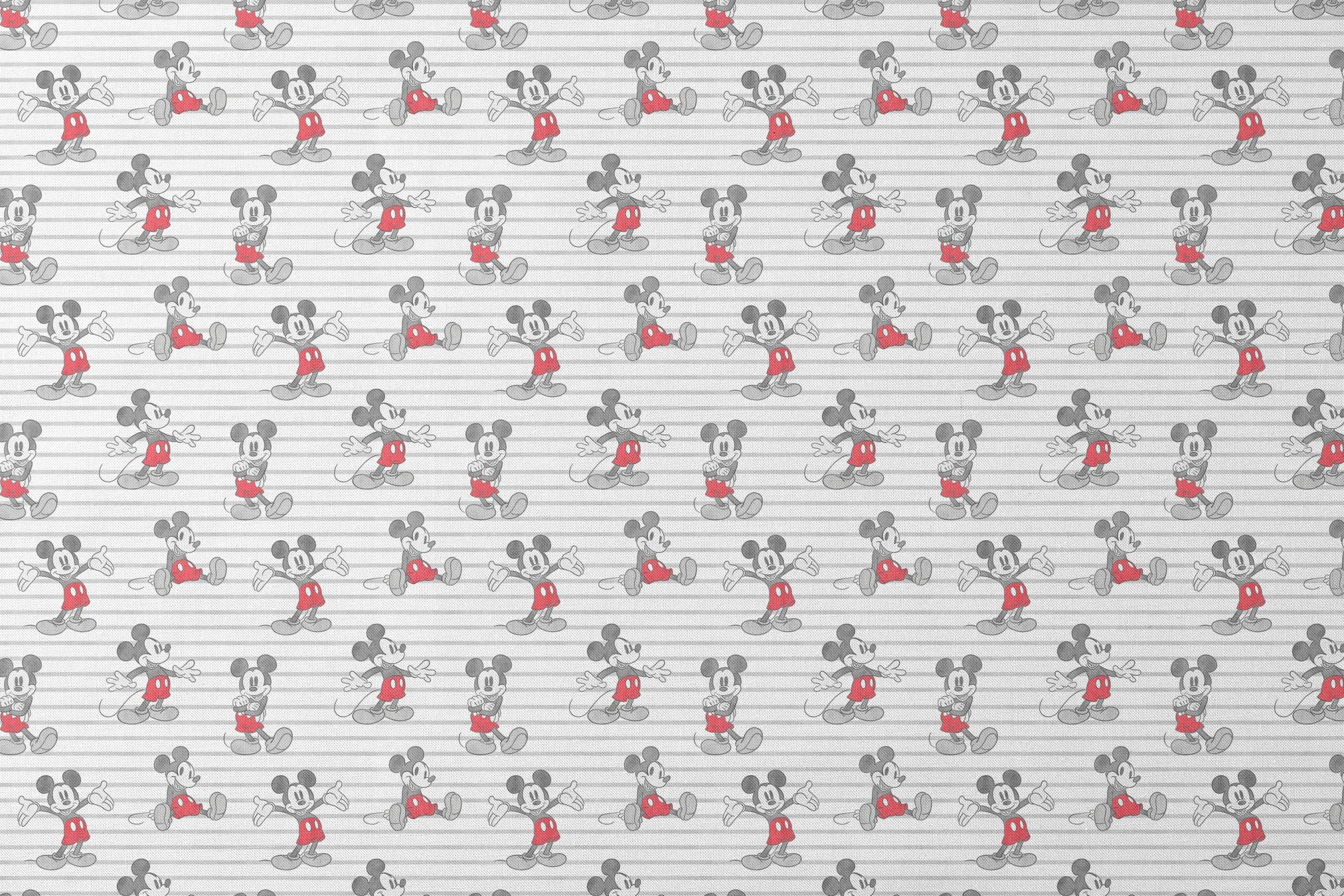 Mickey Mouse cartoon characters in various poses on gray and white striped background designs flat mockup