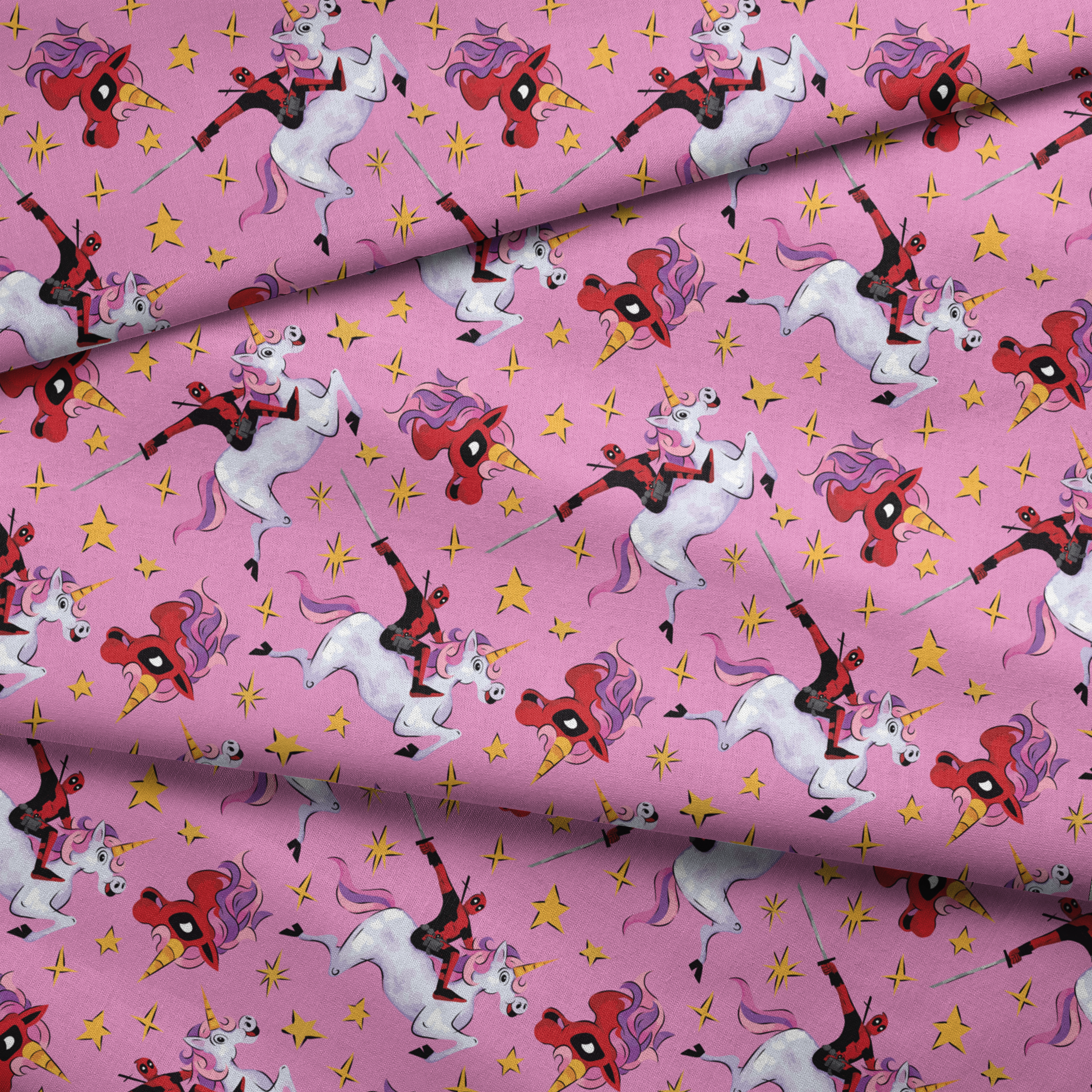 Cartoon character in red riding white unicorns with purple manes against pink starry background fabric fold mockup