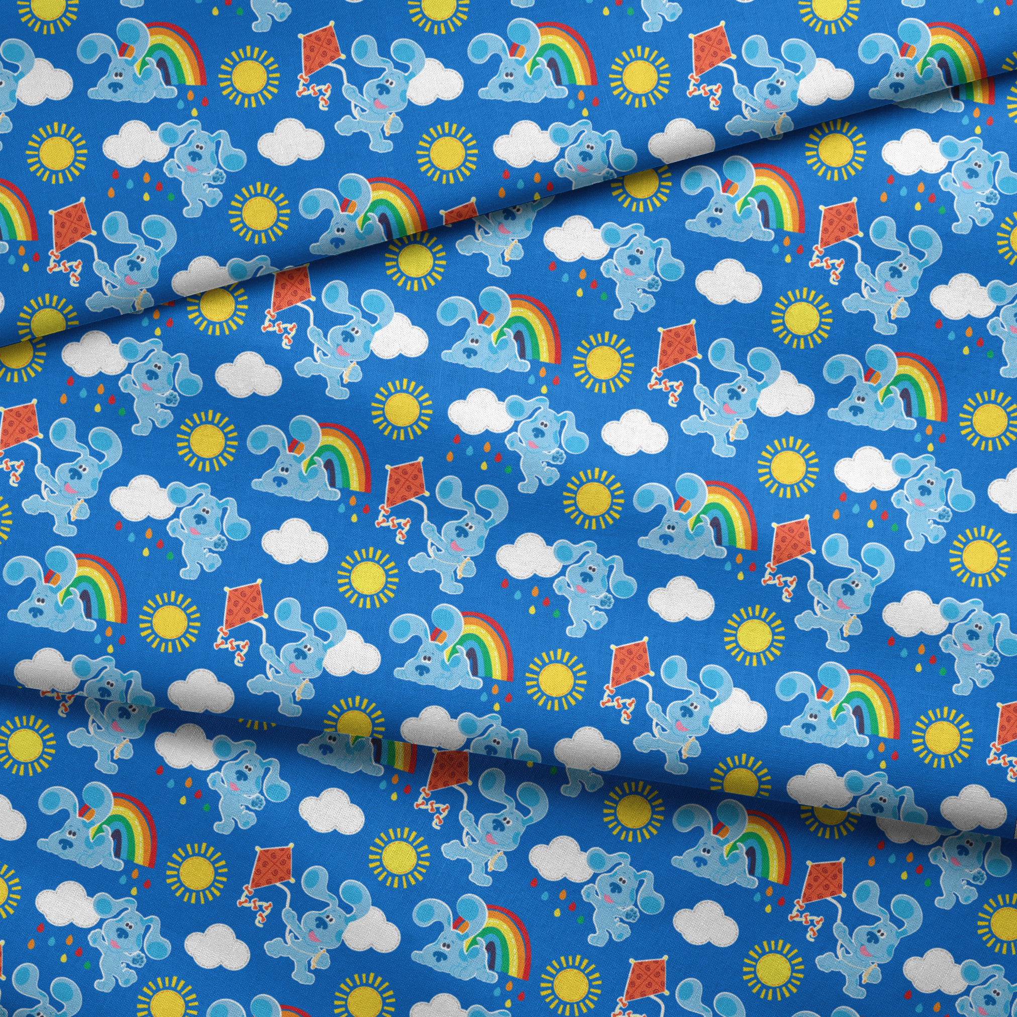 Blue's Clues pattern with cartoon blue dogs, rainbows, suns, clouds, and kites on bright blue background, license, Blues Clues, Entertainment License, Nickolodeon fabric fold mockup