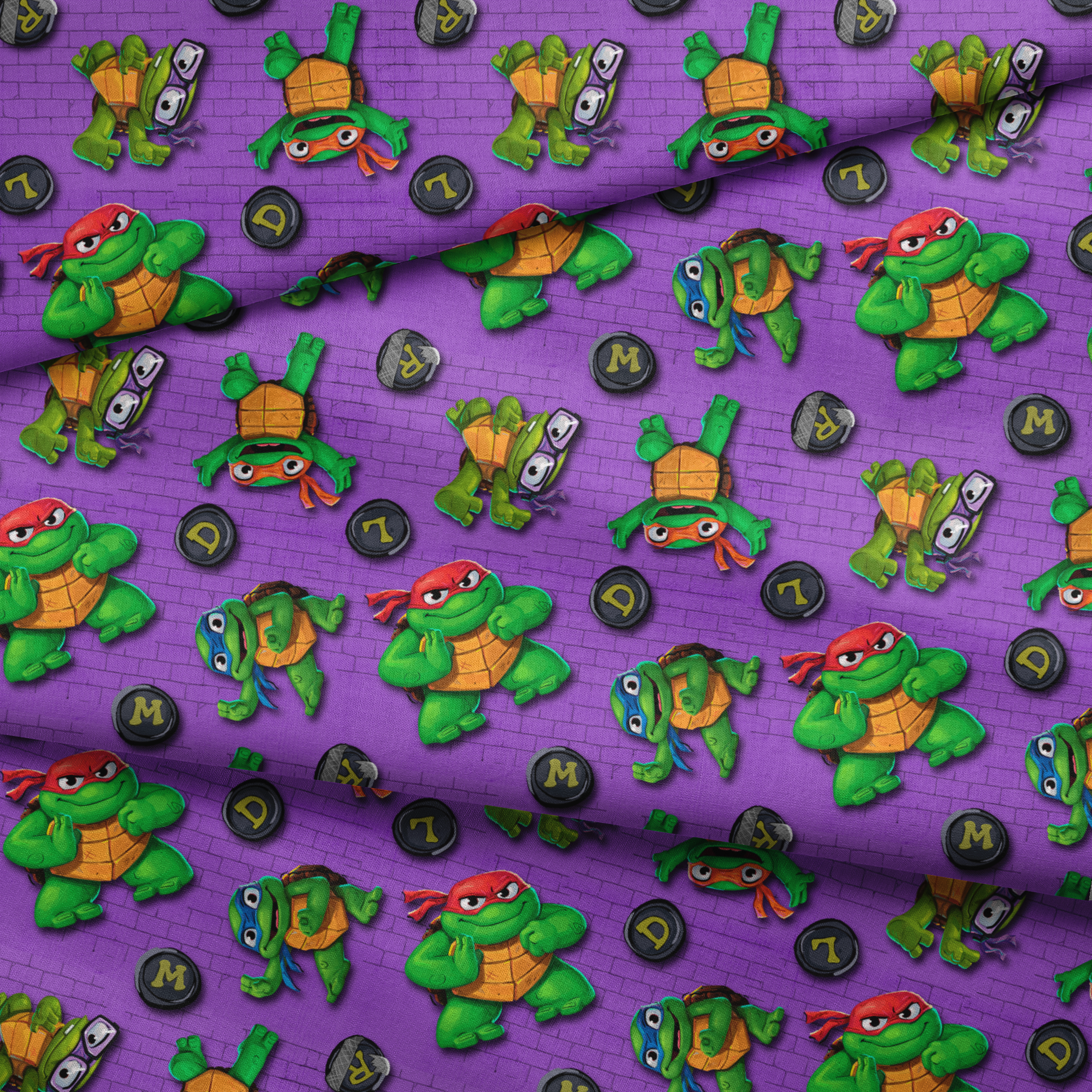 Teenage Mutant Ninja Turtles characters on a purple brick background with lettered manhole covers. fabric fold mockup