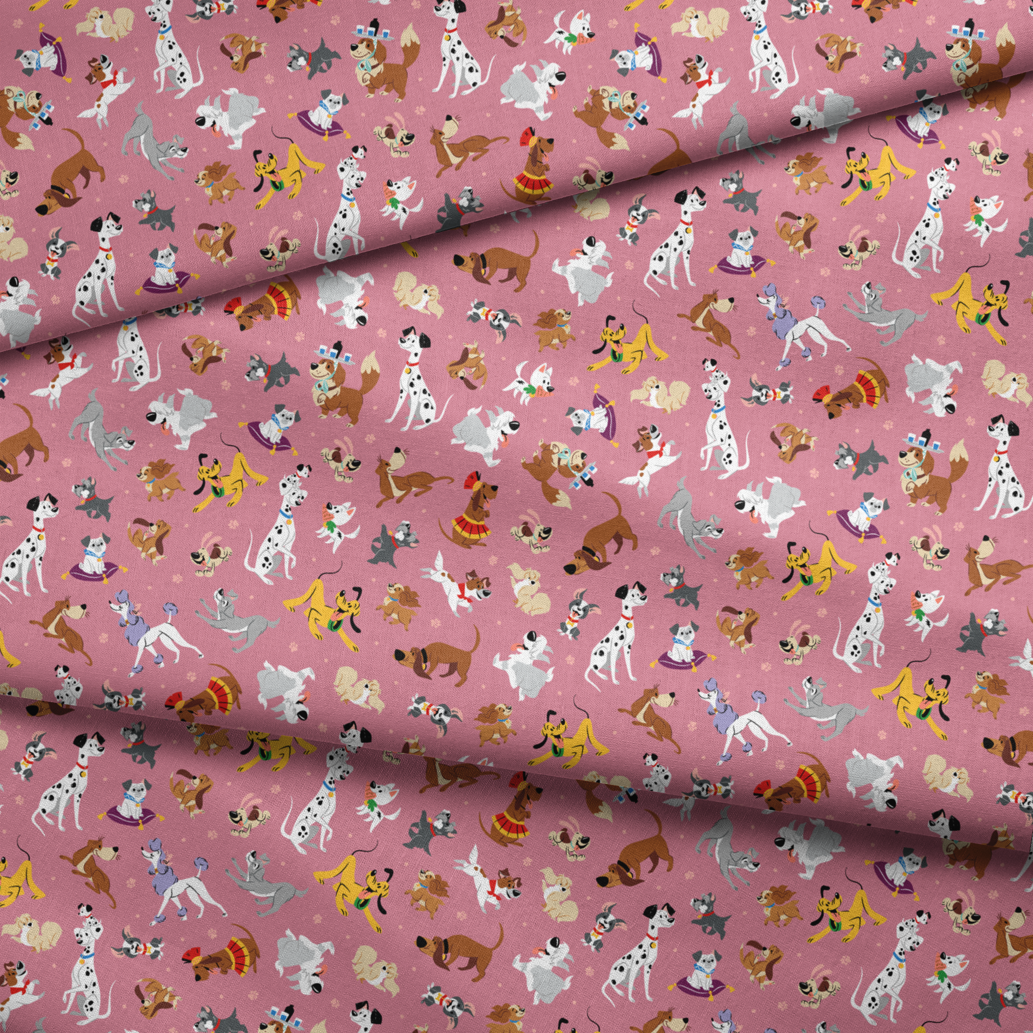 Colorful dog pattern with various cartoon breeds on pink background including dalmatians, terriers, and dachshunds fabric fold mockup