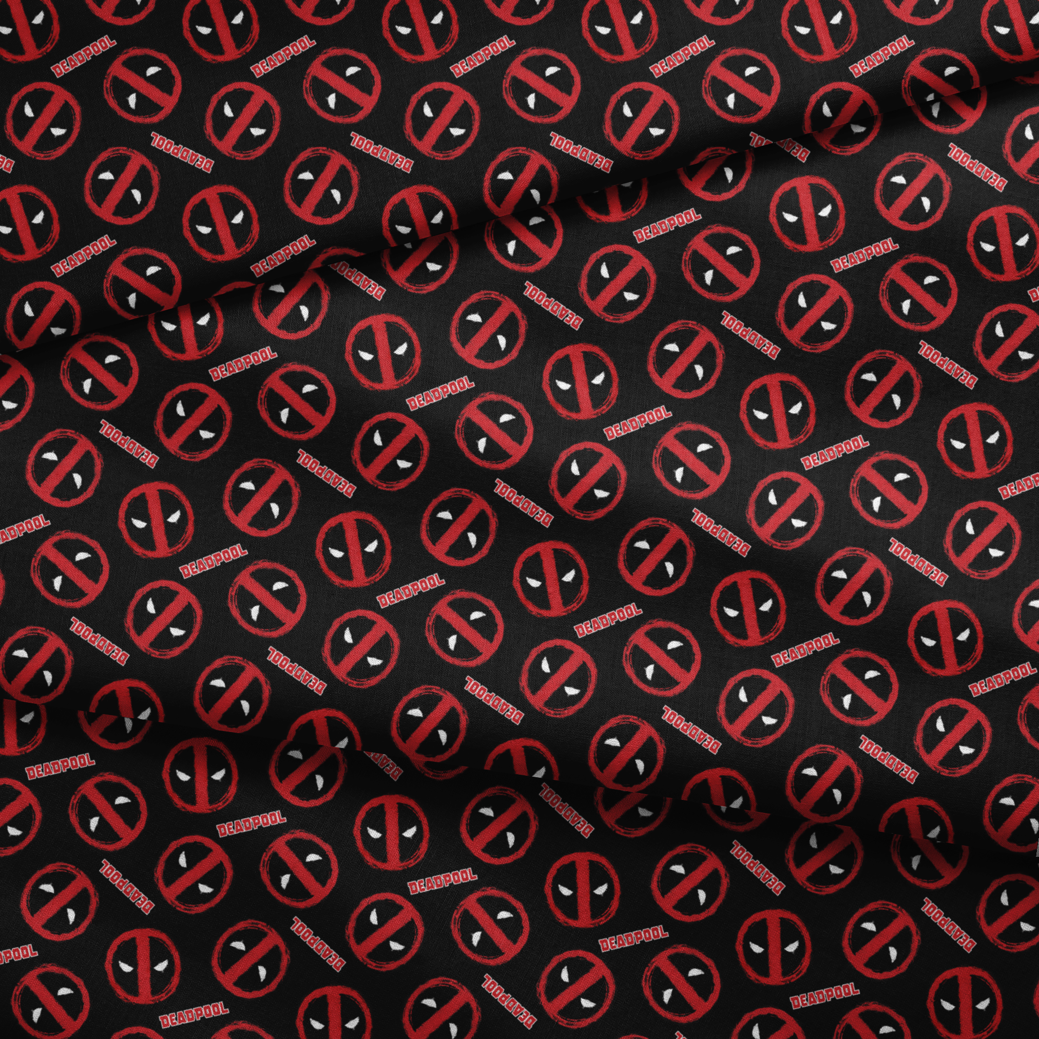 Deadpool logo pattern with red circular emblems featuring white eyes on black background fabric fold mockup