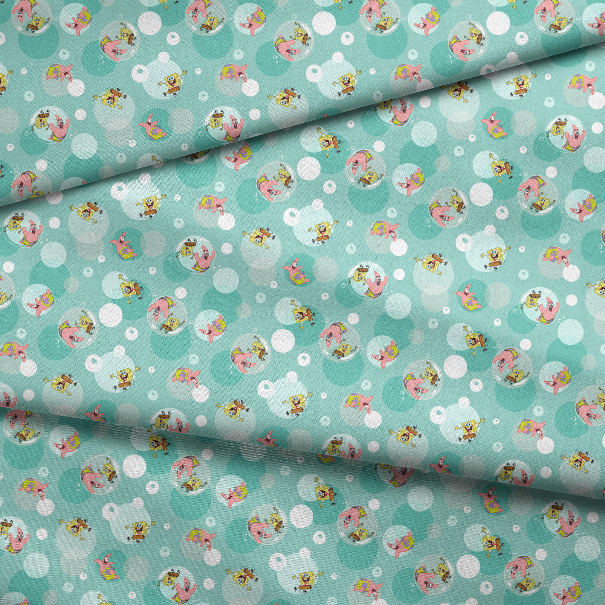 SpongeBob and Patrick floating in transparent bubbles across a seafoam green background with layered circle accents. fabric fold mockup