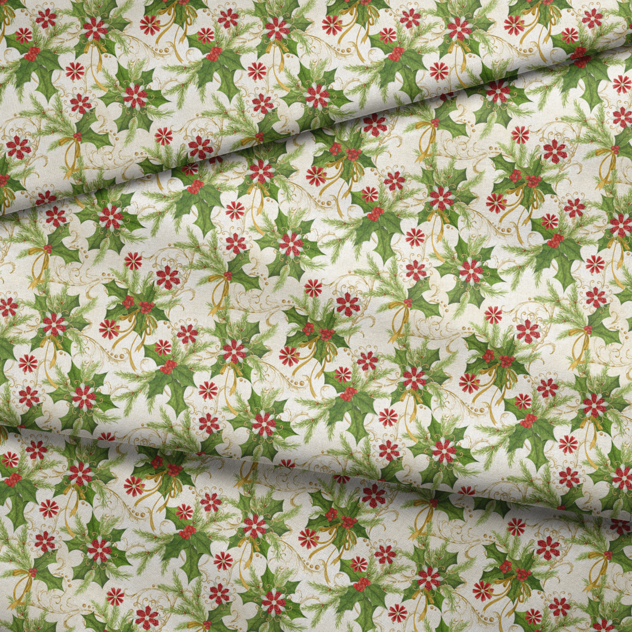 Festive pattern featuring holly leaves, pine branches, red floral medallions, and golden swirls on an ivory background by Nicole Tamarin. fabric fold mockup
