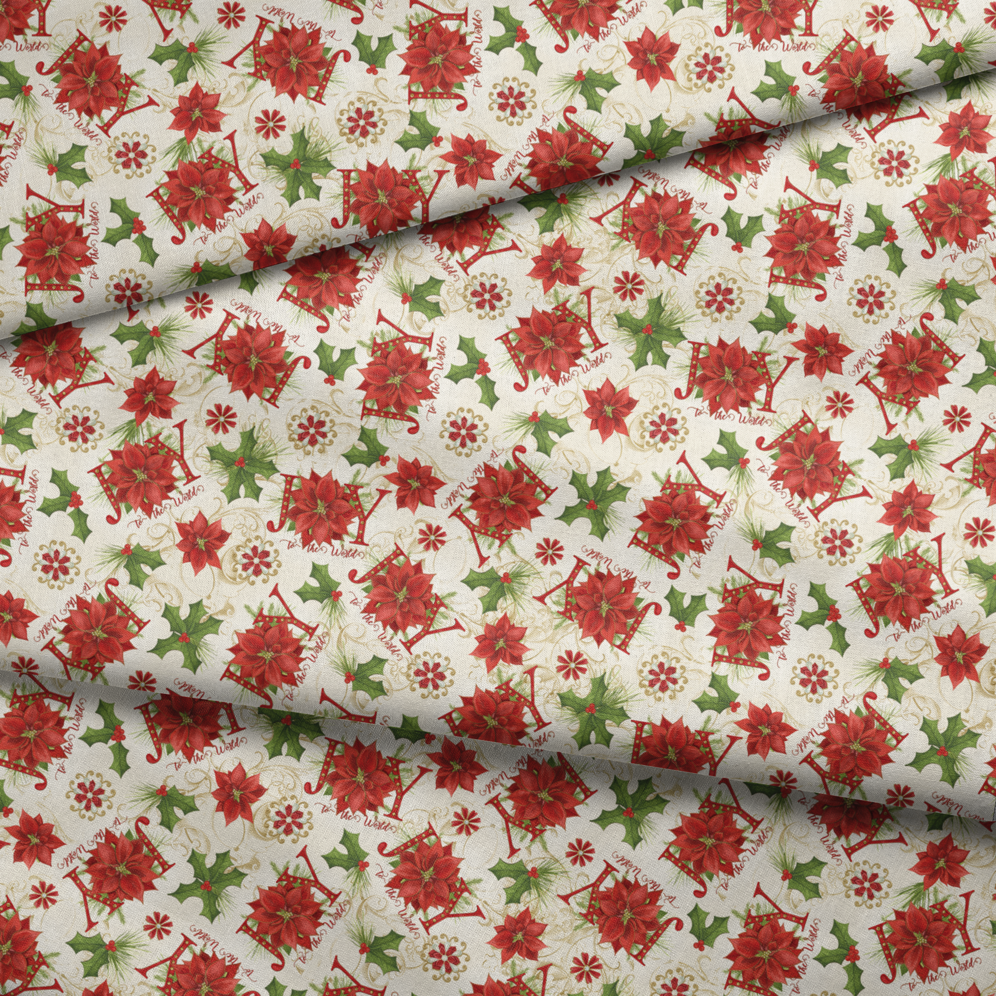 Red poinsettias, holly leaves, pine sprigs, and peppermint candy motifs with scattered “Joy” text in a festive holiday toss design by Nicole Tamarin. fabric fold mockup