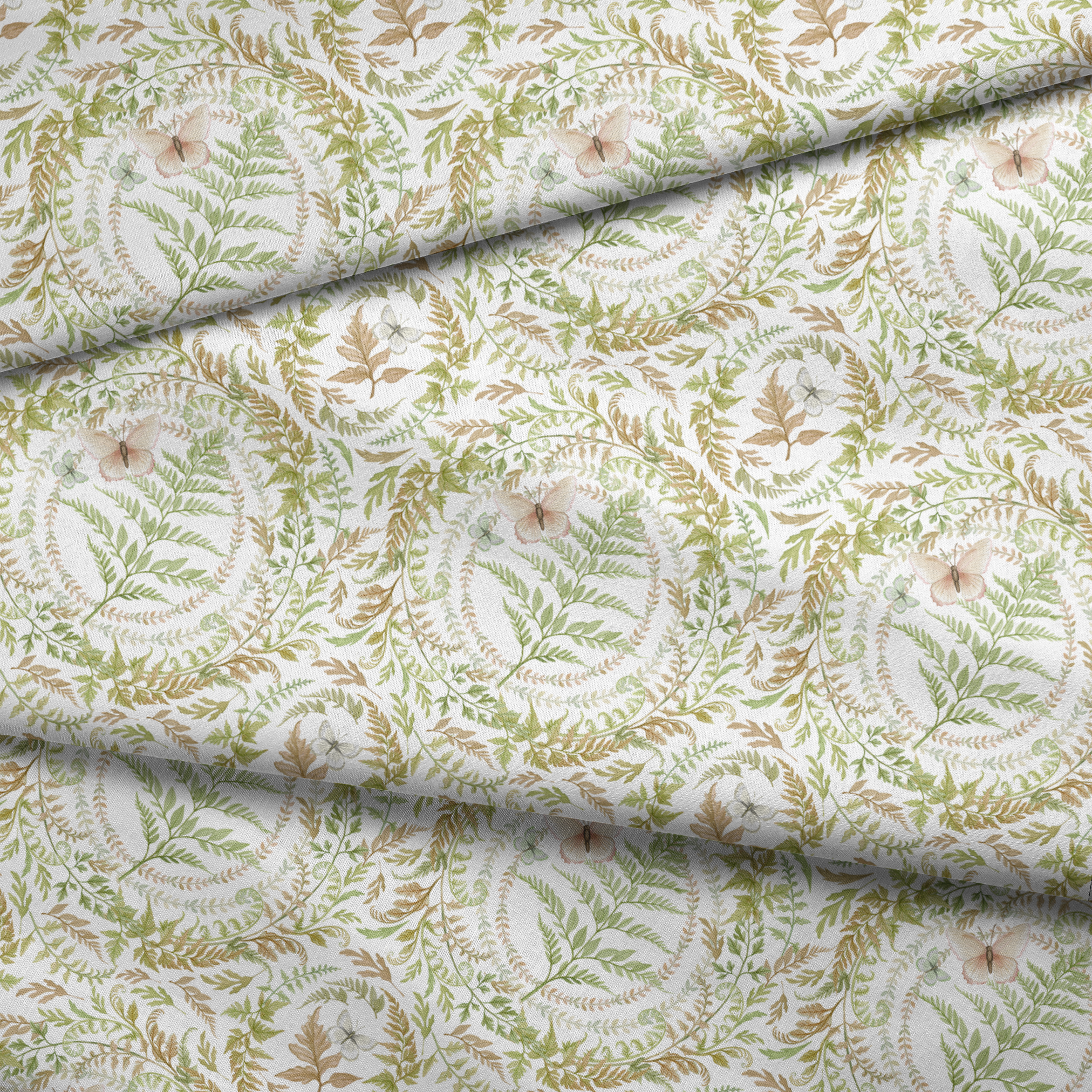 Circular botanical design featuring green ferns and blush butterflies on a white background in a Nicole Tamarin pattern. fabric fold mockup