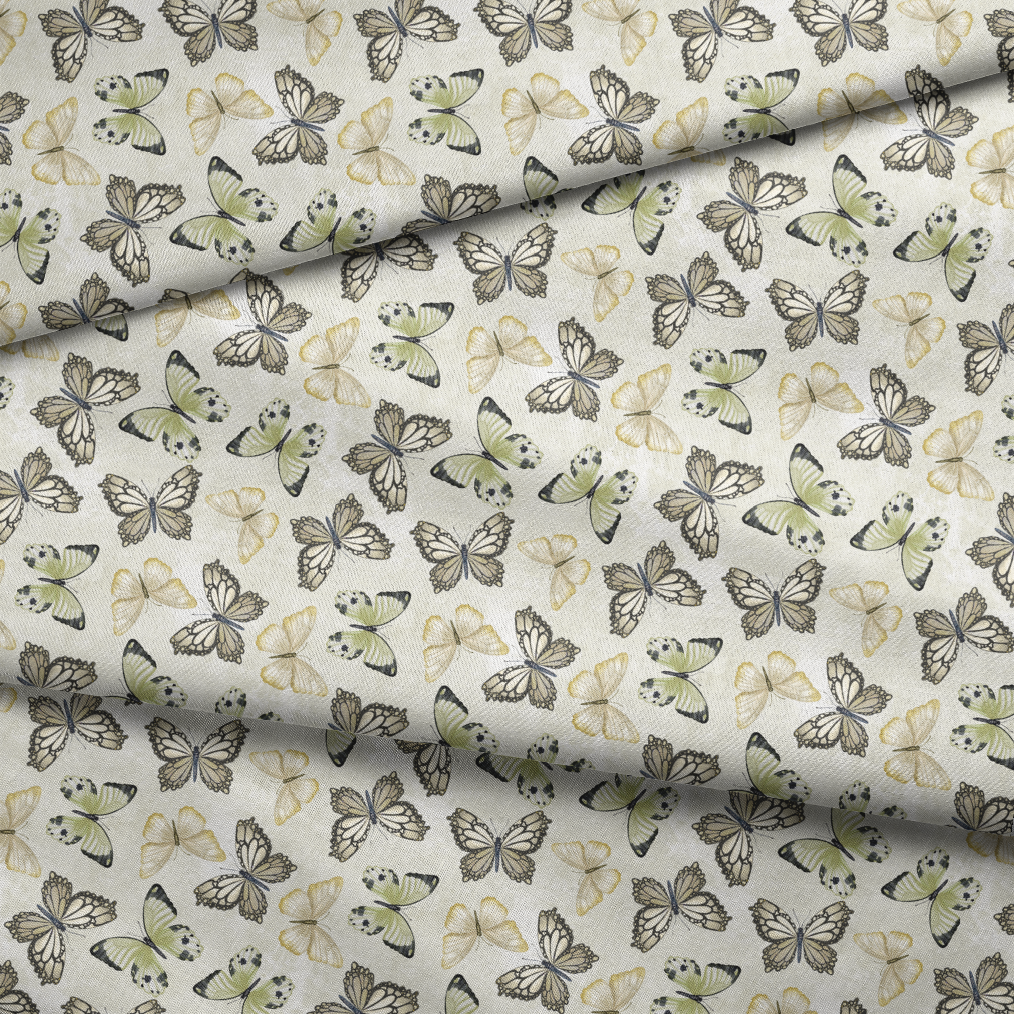 Illustrated butterfly pattern by Nicole Tamarin with soft sage green and neutral tones on a textured cream background. fabric fold mockup