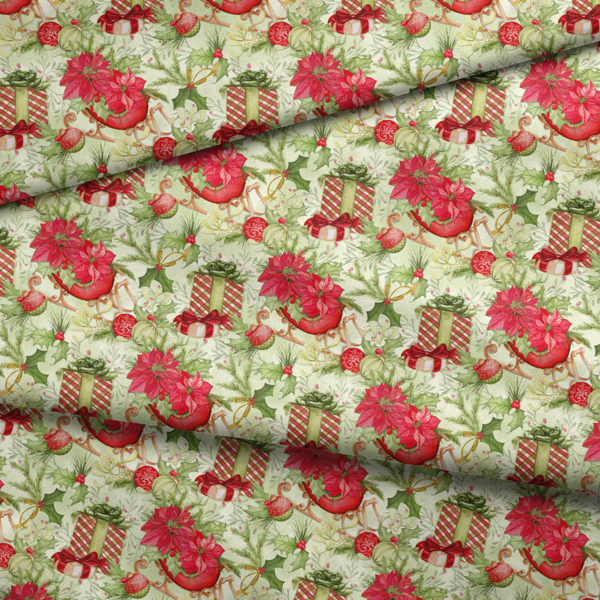 Christmas pattern with red poinsettias, vintage sleighs, wrapped gifts, holiday ornaments, and greenery in a festive toss by Nicole Tamarin. fabric fold mockup