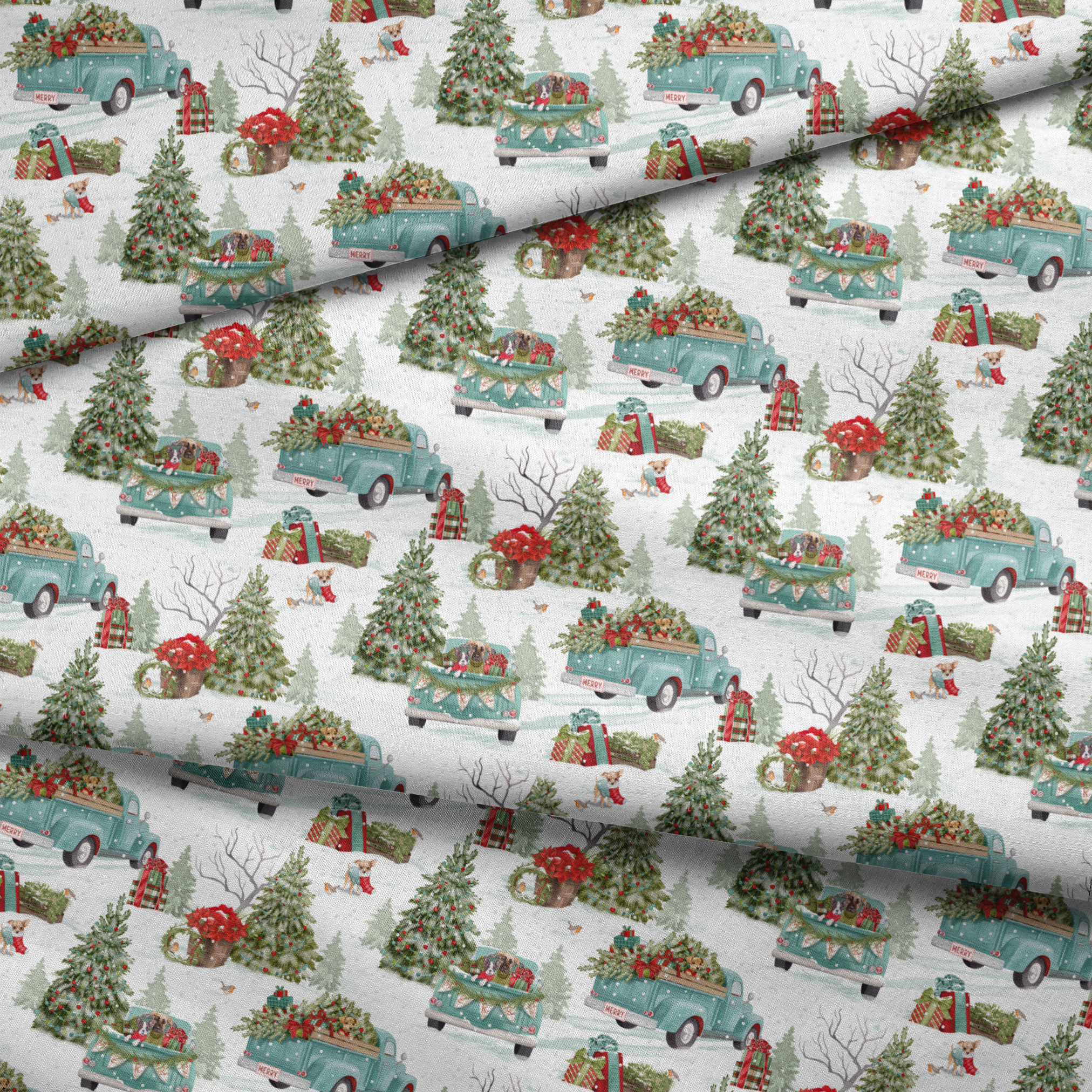 Vintage-style holiday fabric by Nicole Tamarin featuring teal trucks with Christmas trees, dogs, snow, and gifts in a festive winter landscape. fabric fold mockup