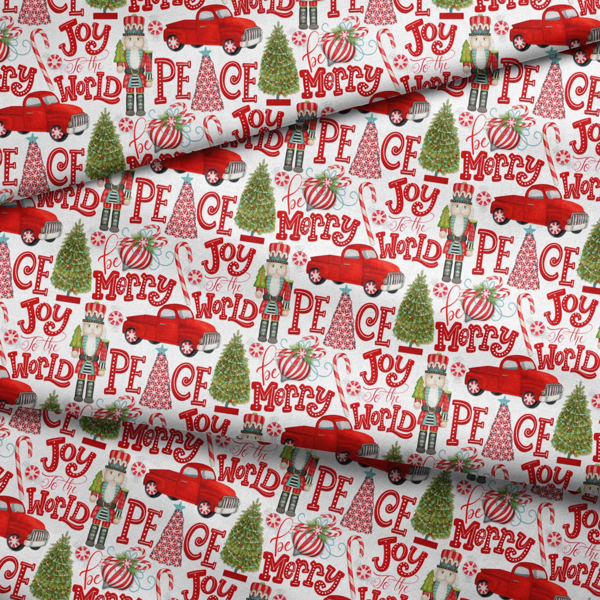 Holiday pattern featuring red trucks, nutcrackers, candy canes, Christmas trees, and festive lettering on a white background by Nicole Tamarin. fabric fold mockup