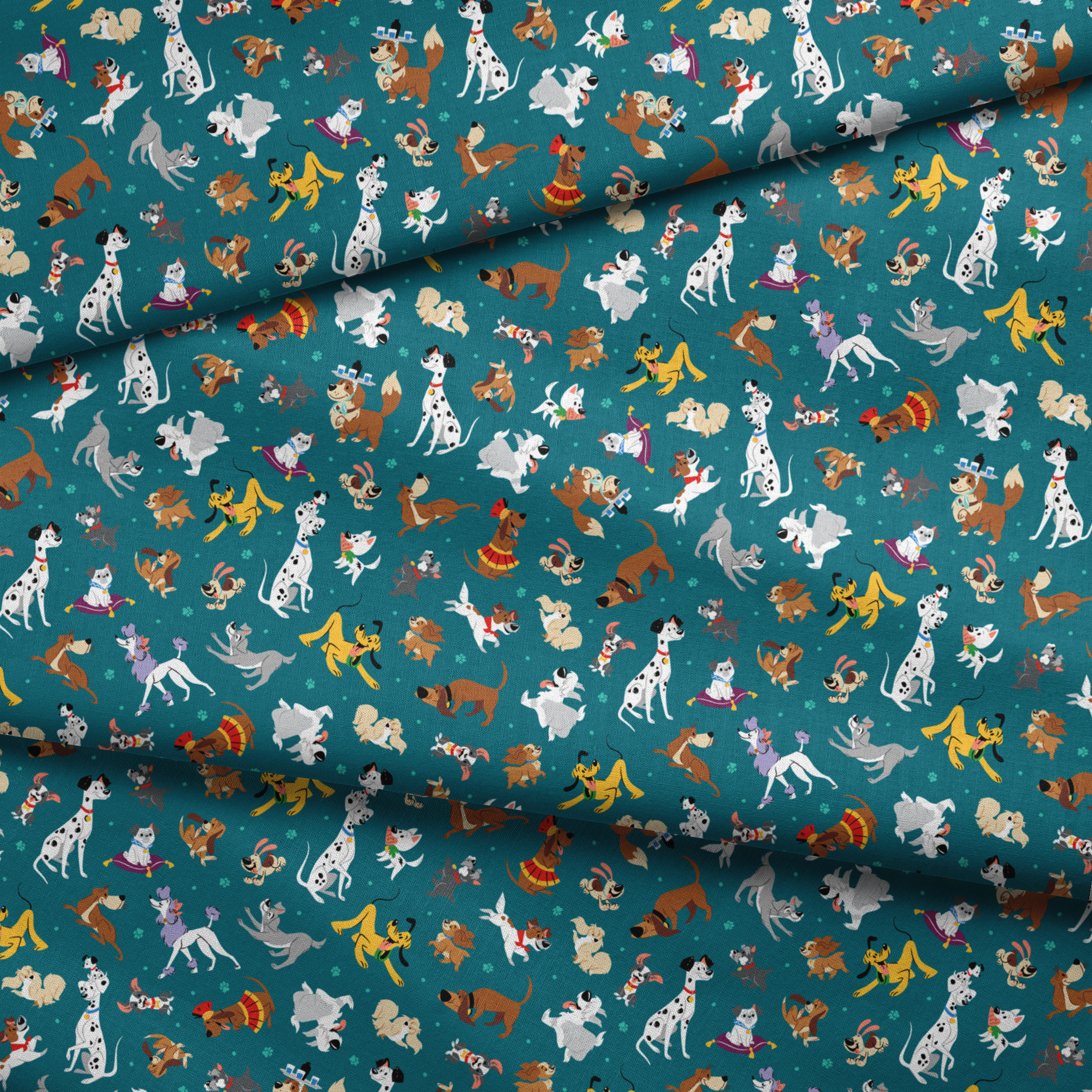Teal pattern featuring Disney cartoon dogs like Dalmatians, Pluto, Lady and the Tramp, Copper, and other animated pups. fabric fold mockup