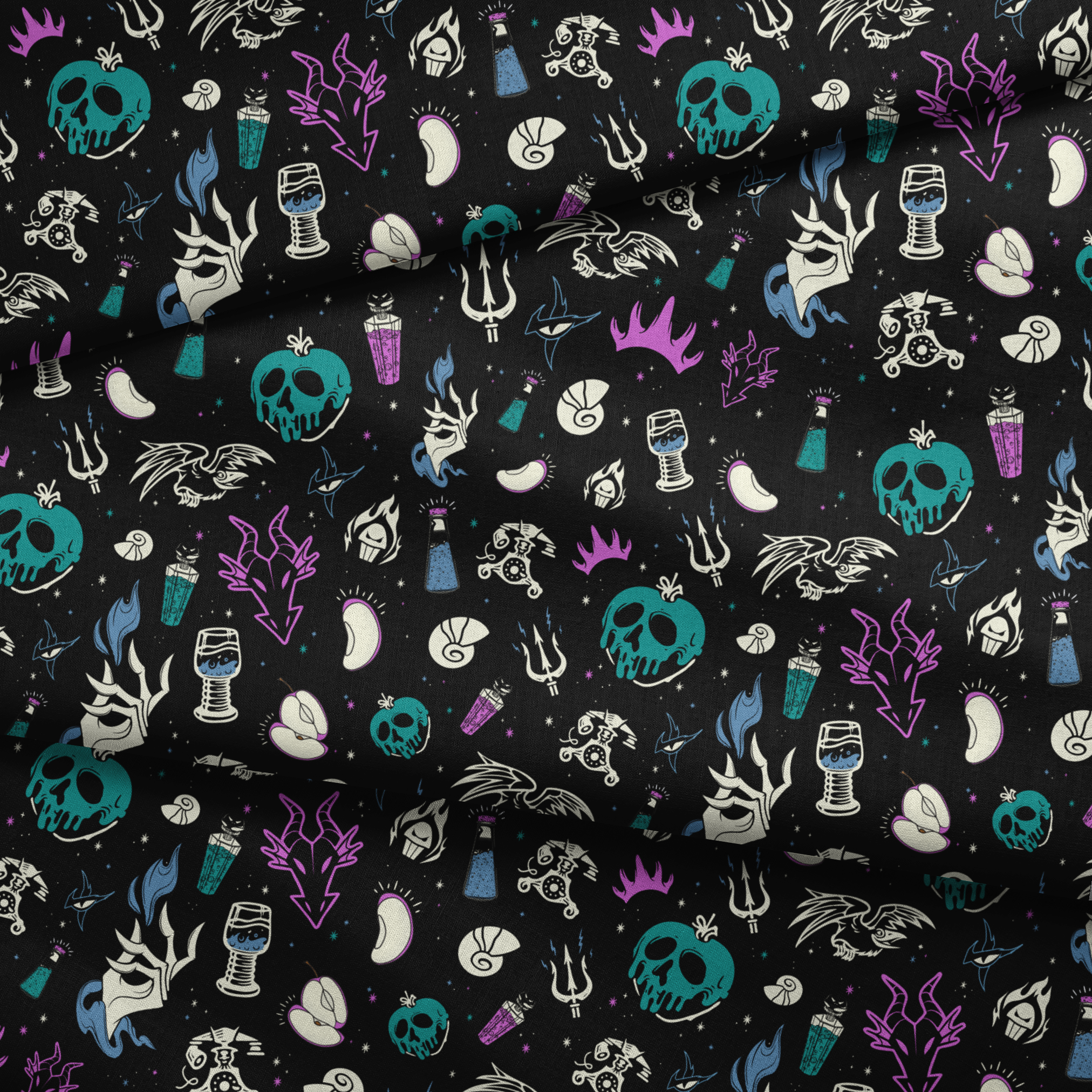 Gothic pattern with Disney villain-inspired icons like skulls, potions, and flames in teal, purple, and blue on black background. fabric fold mockup