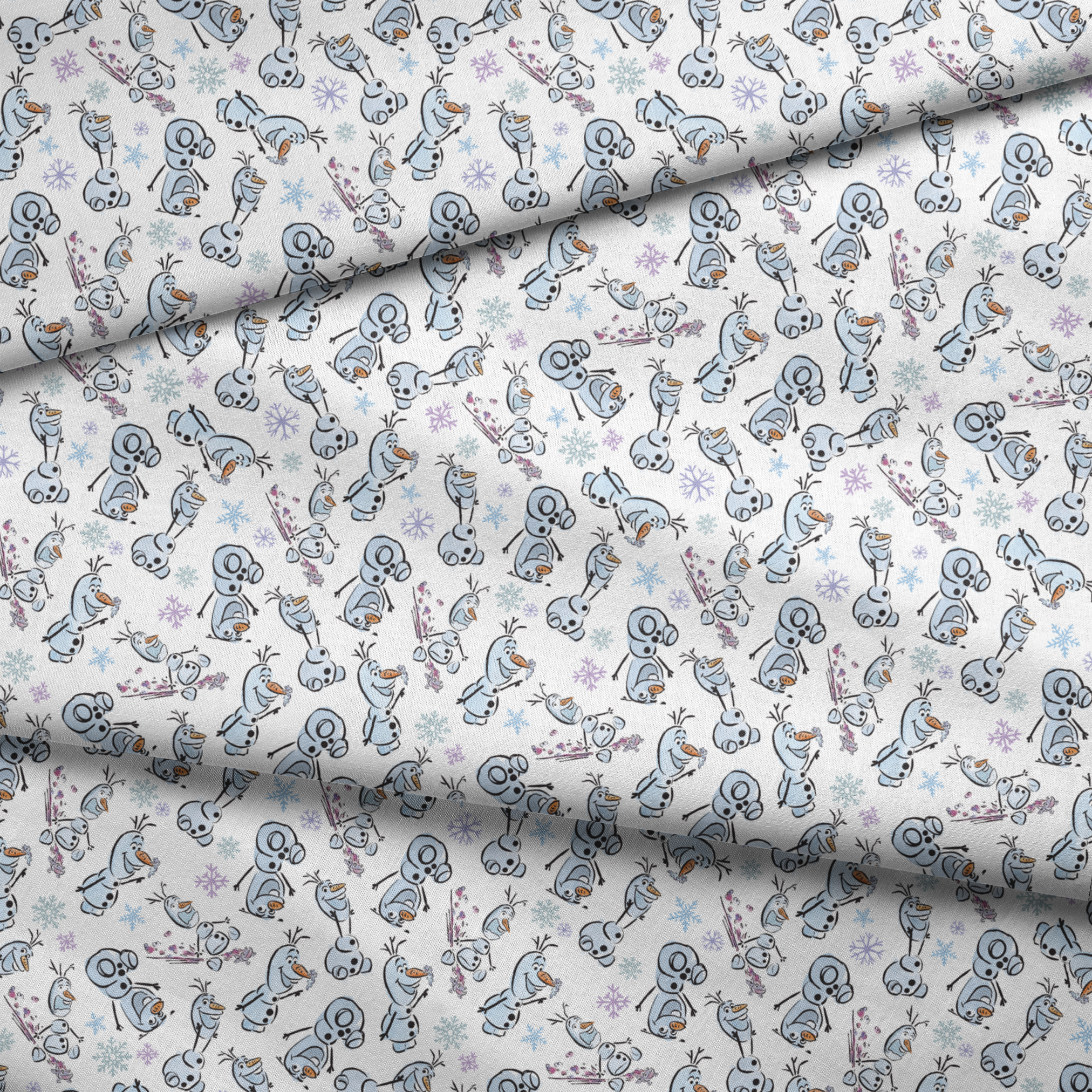 Cartoon snowman characters with carrots noses scattered on light blue background with snowflakes fabric fold mockup